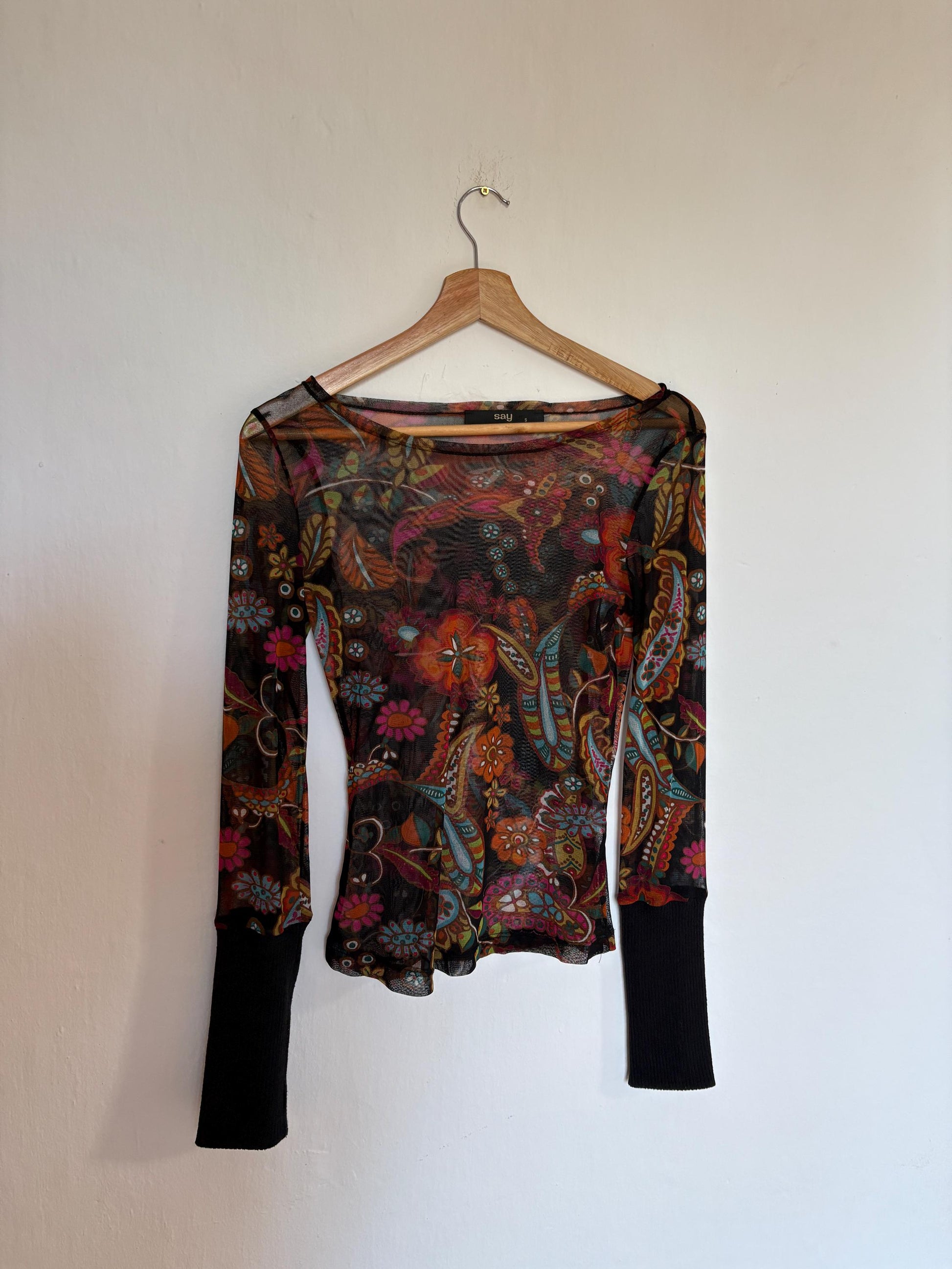 Vintage SHEER long sleeve top, Sexy autumn floral mesh shirt, See through Say t shirt, Size S
