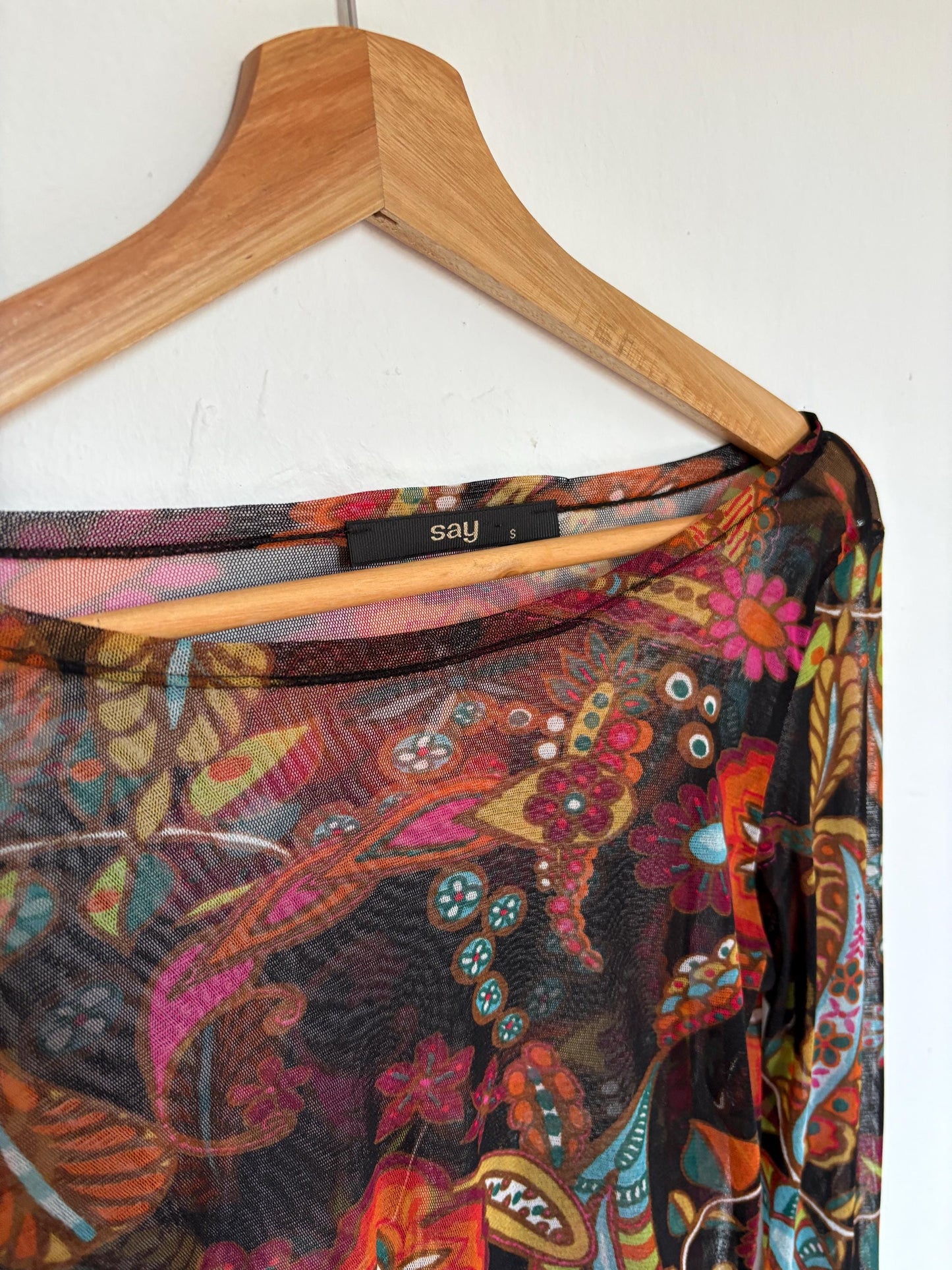 Vintage SHEER long sleeve top, Sexy autumn floral mesh shirt, See through Say t shirt, Size S