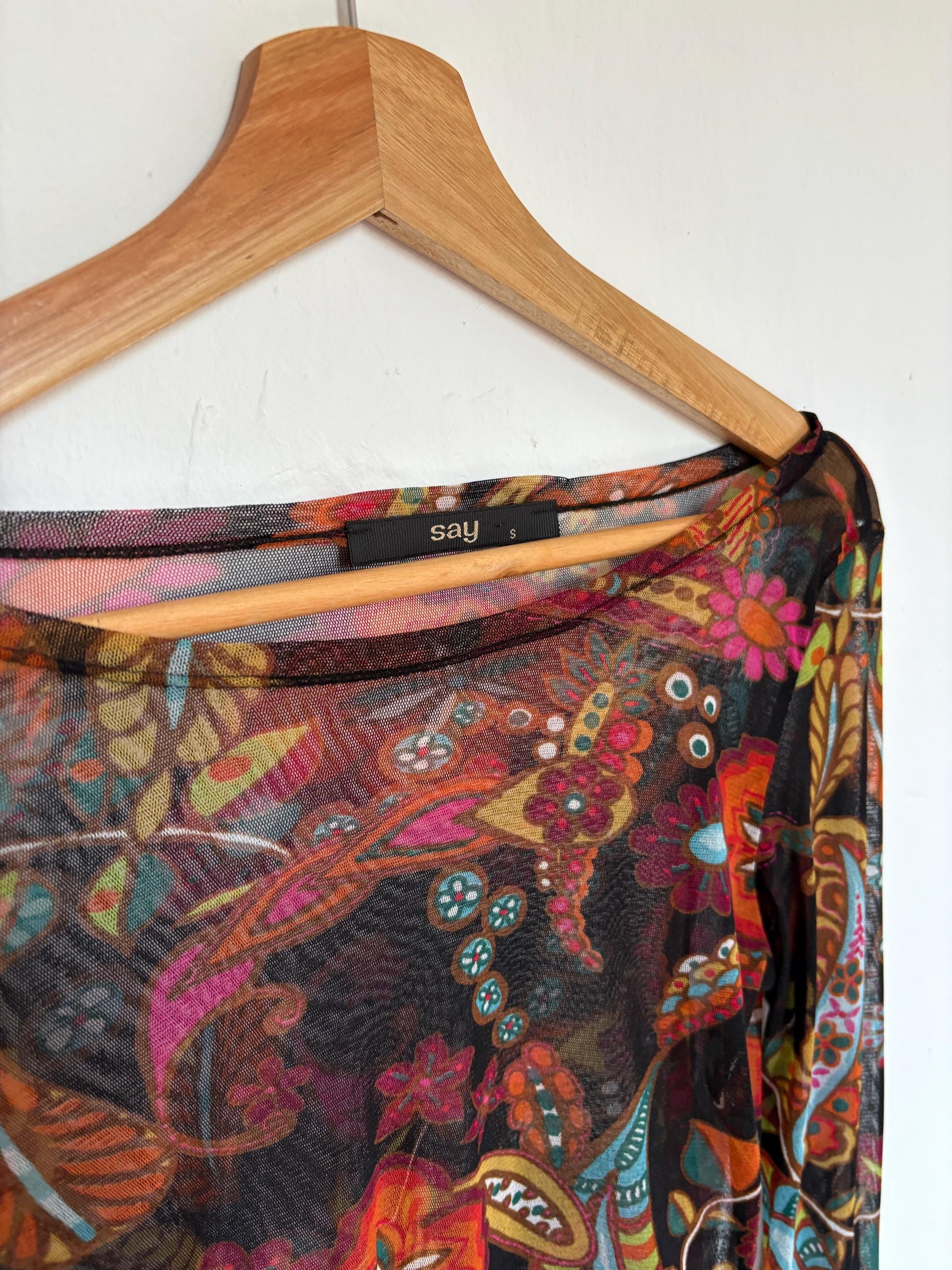 Vintage SHEER long sleeve top, Sexy autumn floral mesh shirt, See through Say t shirt, Size S