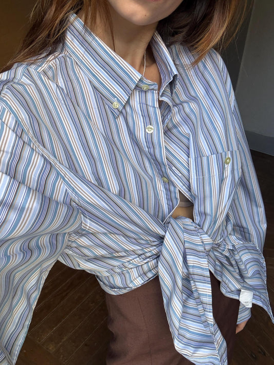 Vintage Emidio Tucci Mens Button Down Shirt Striped Cotton Blend Size 7 Secondhand Oversized Fit, Size M- L