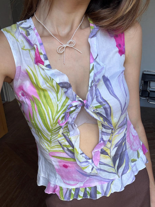 Vintage Floral Camisole – Fun & Sexy Ruffled Summer Top – Unique Minority Brand Blouse – 100% Cotton Size S