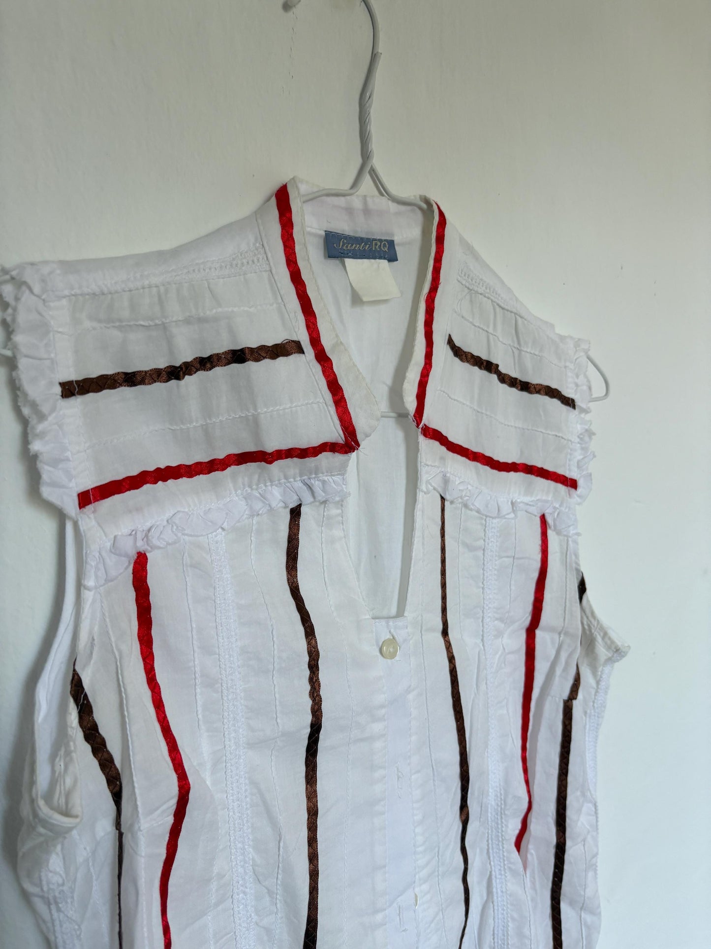 Vintage Sleeveless Woman Blouse – Festive Cotton Top by Santi RQ – Unique Striped Design – Size S-M