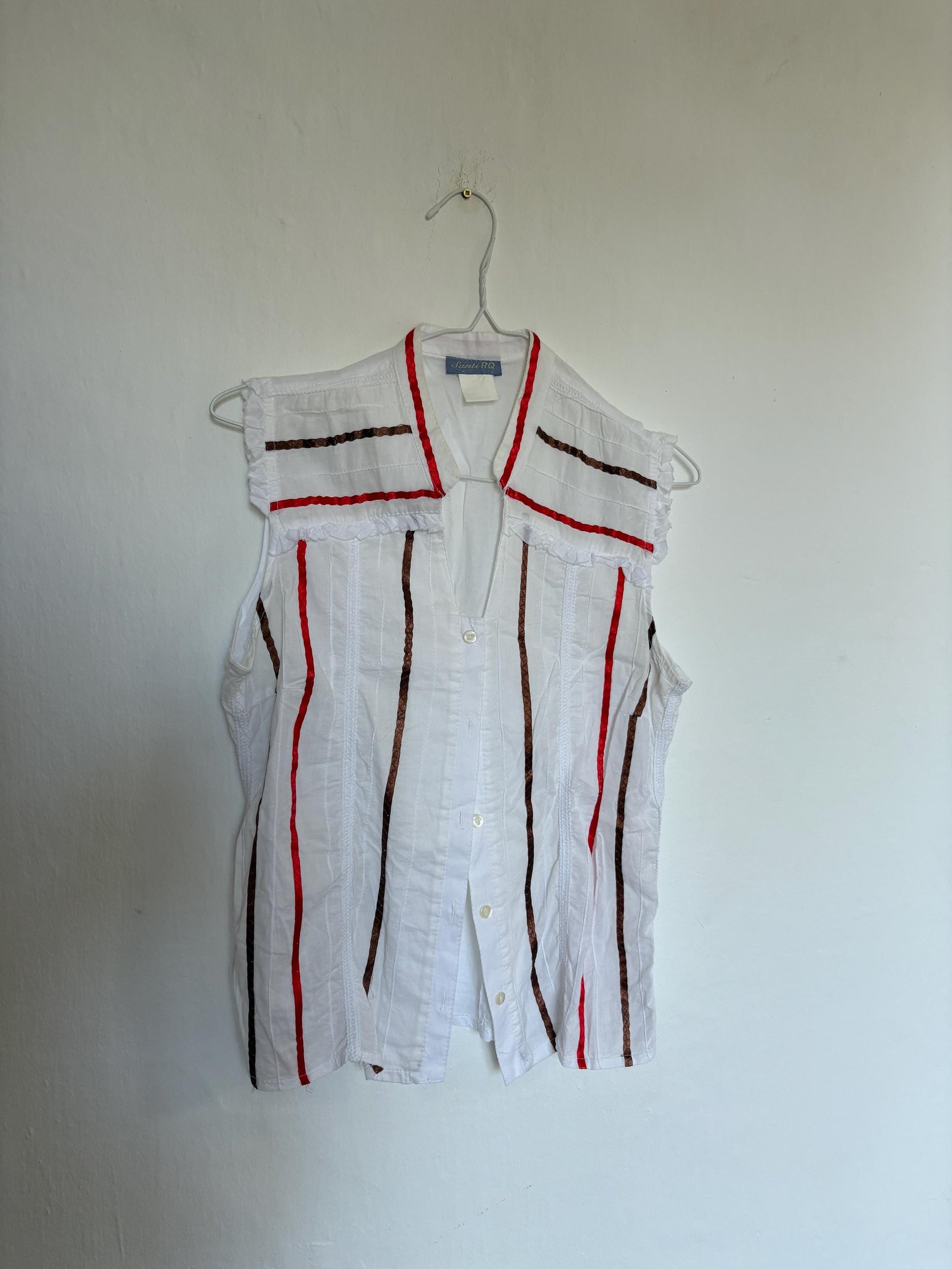 Vintage Sleeveless Woman Blouse – Festive Cotton Top by Santi RQ – Unique Striped Design – Size S-M