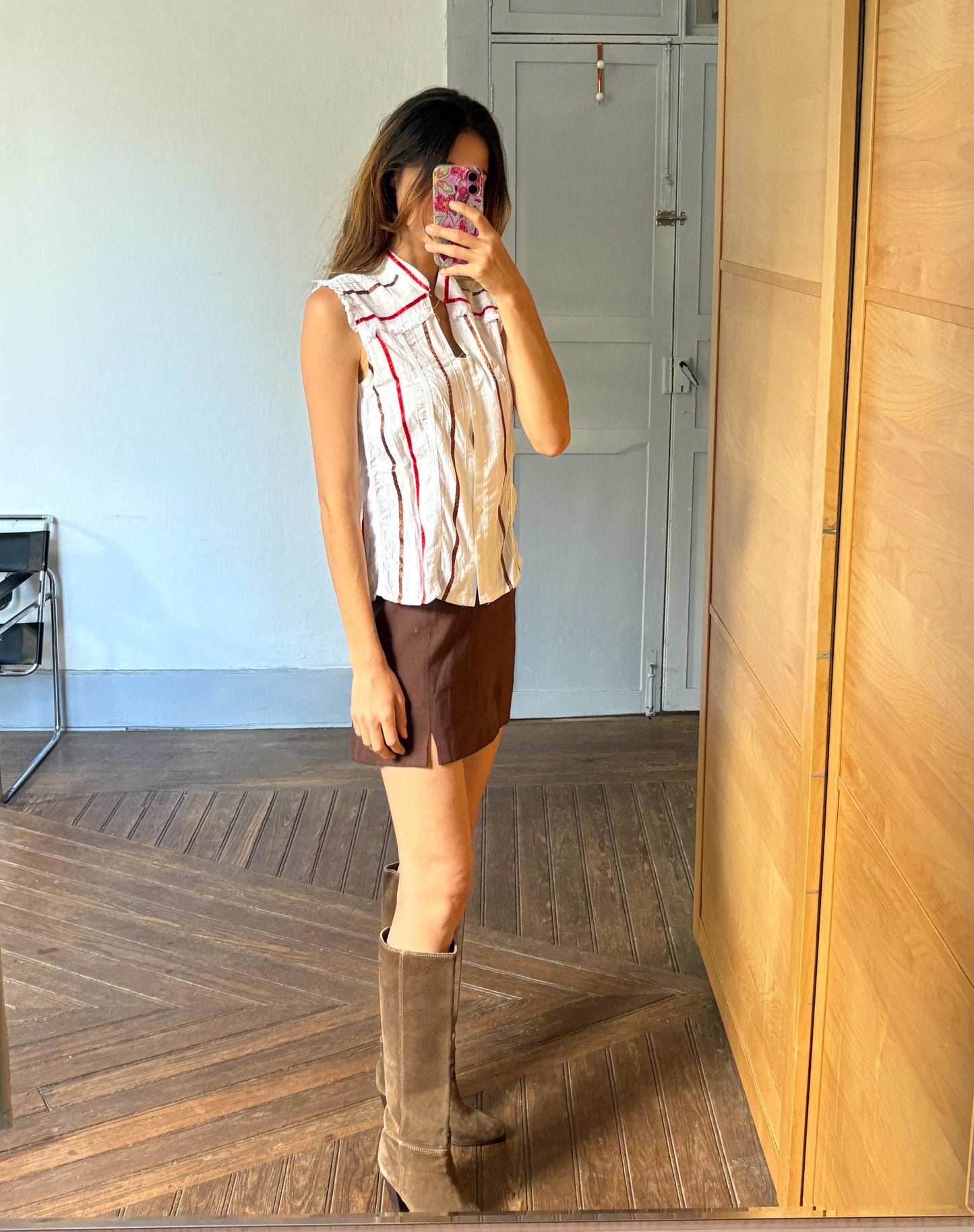 Vintage Sleeveless Woman Blouse – Festive Cotton Top by Santi RQ – Unique Striped Design – Size S-M