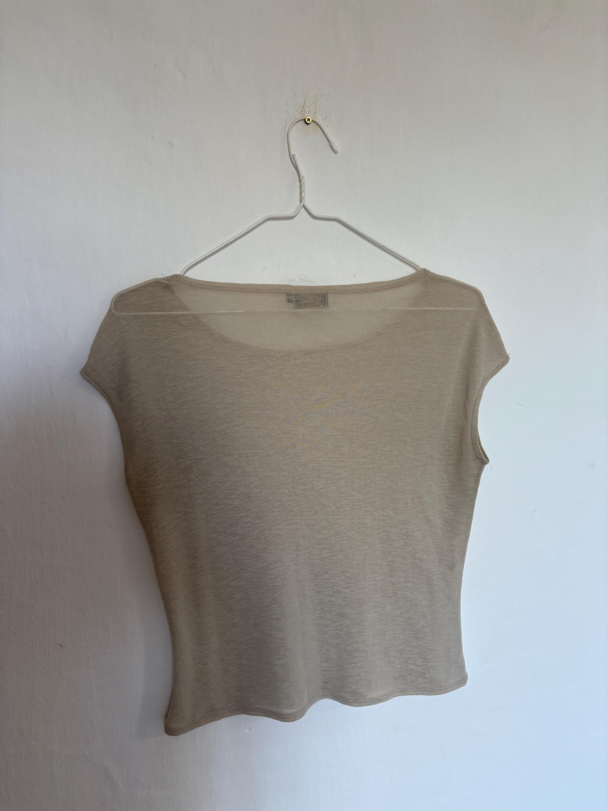Vintage Blue Note Sheer Camisole – Lightweight See-Through Top – Elegant Beige Summer Blouse, Size S