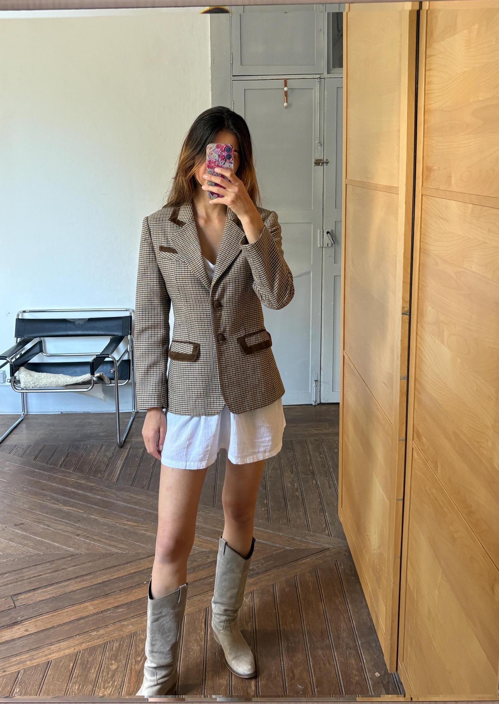 Vintage Blazer Jacket – Dominguez Houndstooth Wool Coat – Dark Academia Aesthetic – Made in Spain – Size S - M