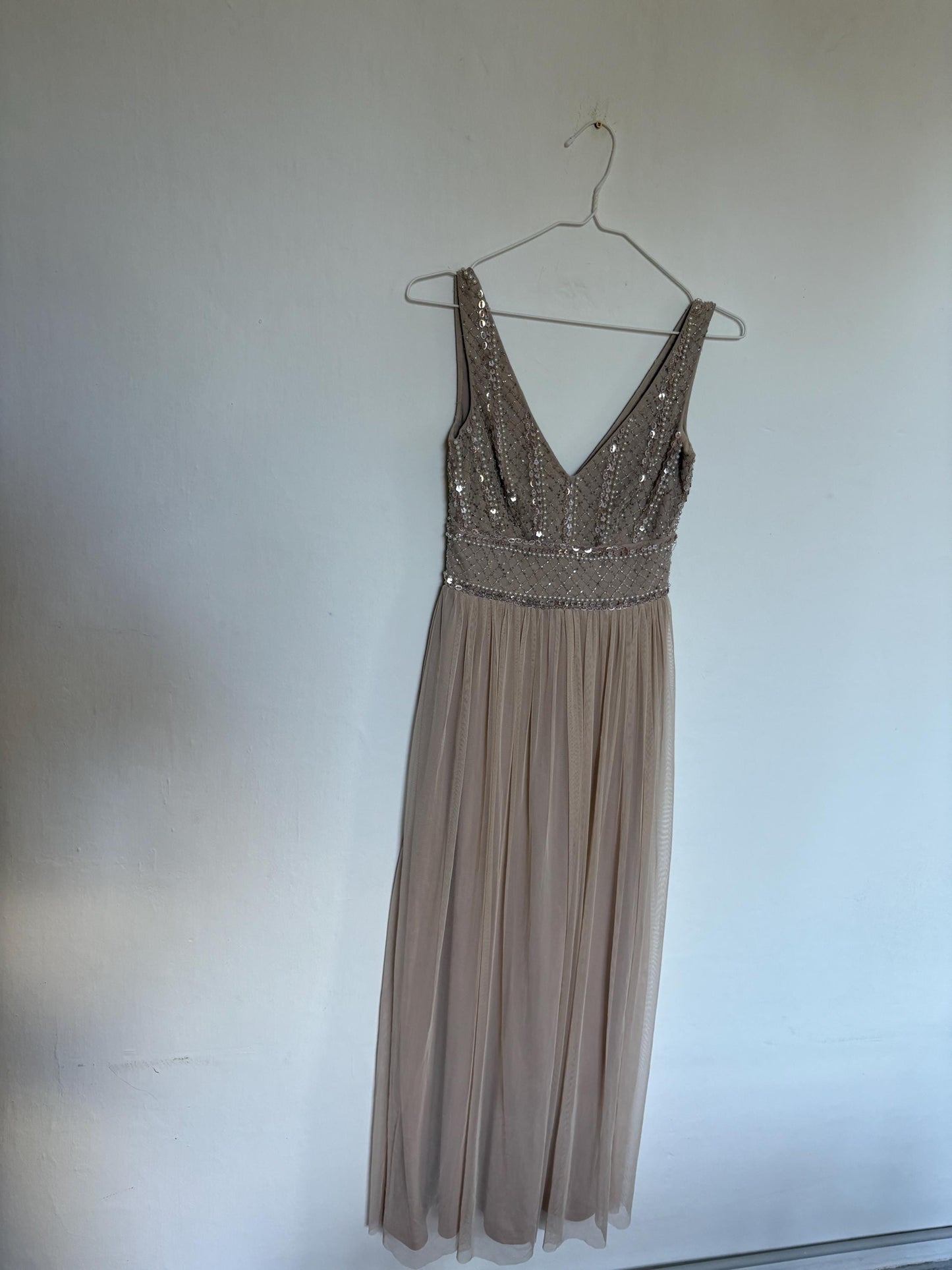 Vintage sequin beaded formal dress, luxury bridesmaid gown, wedding guest aesthetic, Neutral natural tone, Size XS