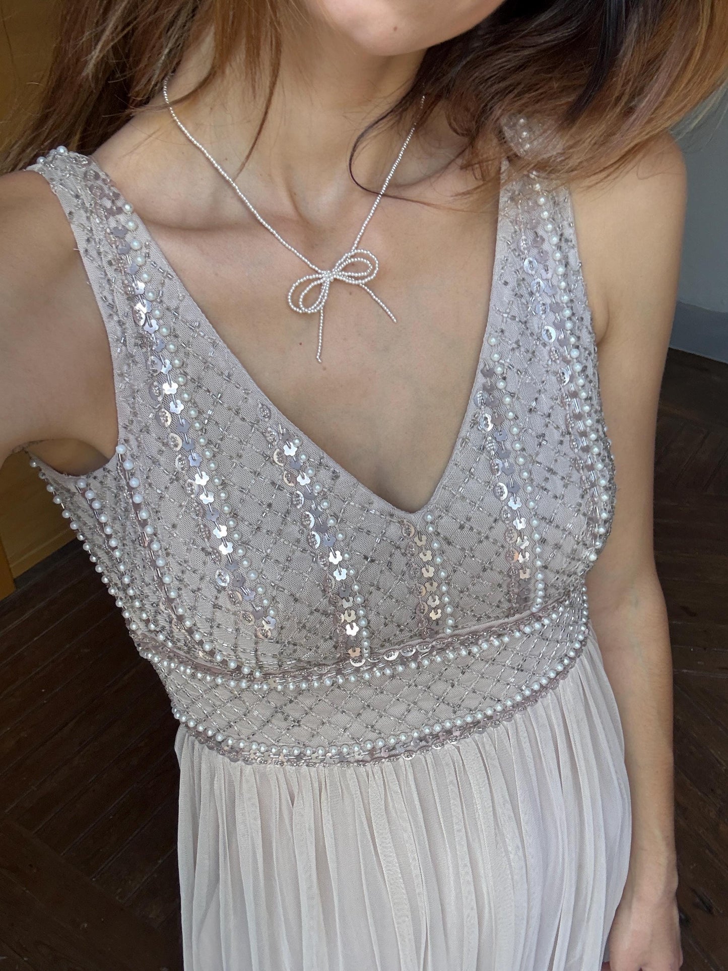 Vintage sequin beaded formal dress, luxury bridesmaid gown, wedding guest aesthetic, Neutral natural tone, Size XS