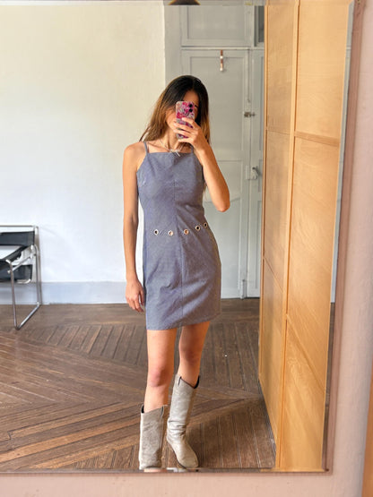 Navy Pinstripe Y2K Mini Dress with Grommet Detail by Lili Sidonio