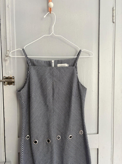 Navy Pinstripe Y2K Mini Dress with Grommet Detail by Lili Sidonio