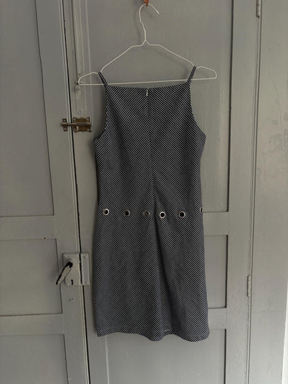 Navy Pinstripe Y2K Mini Dress with Grommet Detail by Lili Sidonio
