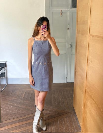 Navy Pinstripe Y2K Mini Dress with Grommet Detail by Lili Sidonio