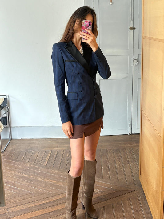 Jean Paul Gaultier Classique vintage navy pinstripe tuxedo blazer – made in Italy, size US 8, power dressing femme fatale look