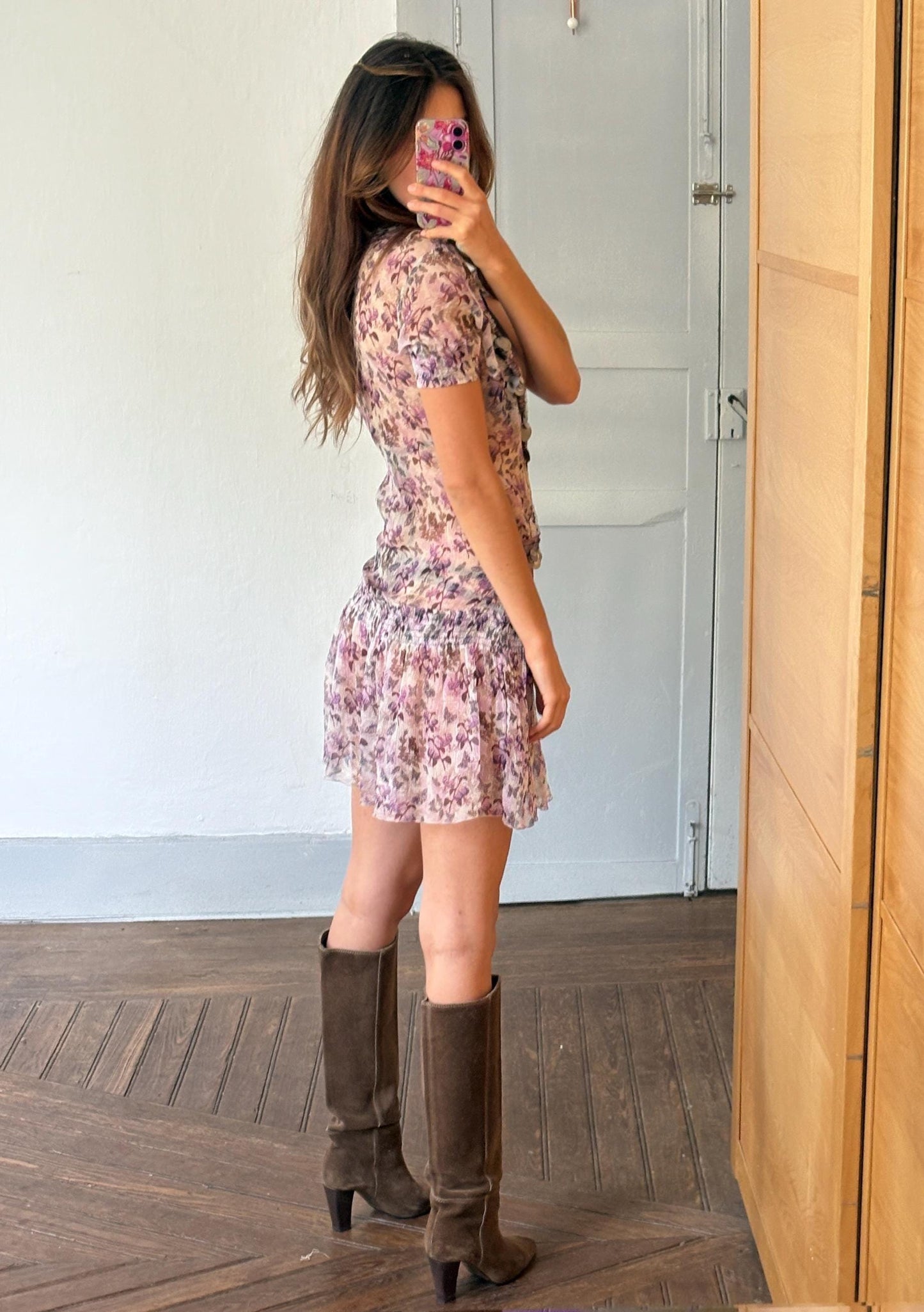 Liu Jo sheer floral dress, cotton feel, relaxed fit, deep V neckline, embellished collar, bohemian summer vibe, US S, beach cover, up