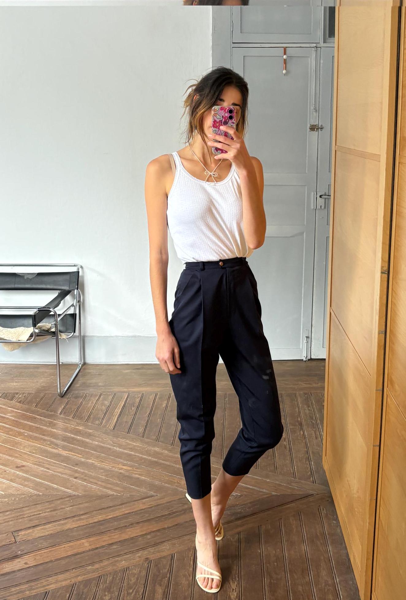 vintage navy wool trousers 100% virgin wool tapered pants high waist tailored fit EU 34 US 2