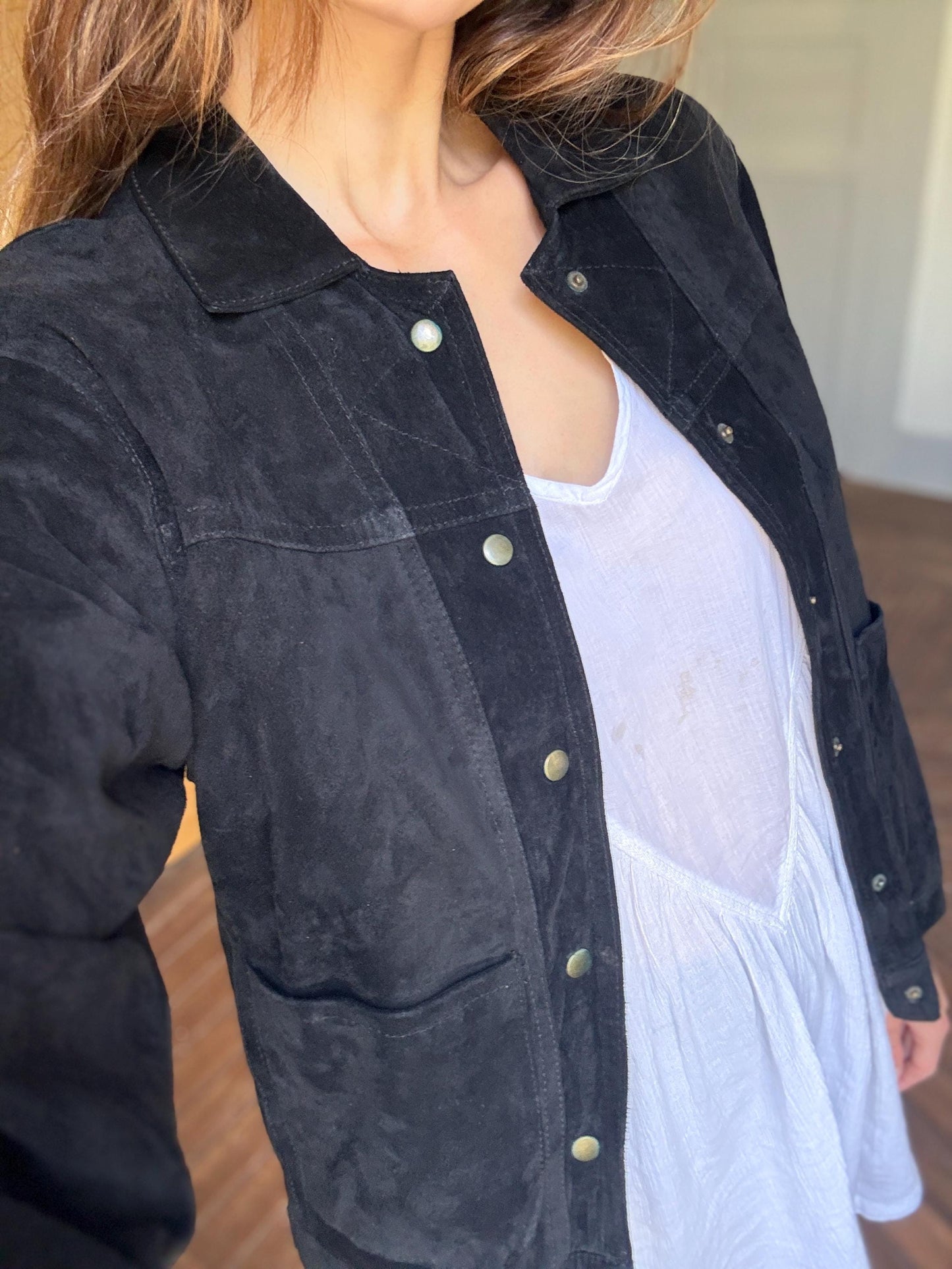 Vintage black suede leather jacket by Evolutions by New World, Pig leather high quality secondhand woman coat, Luxury size S