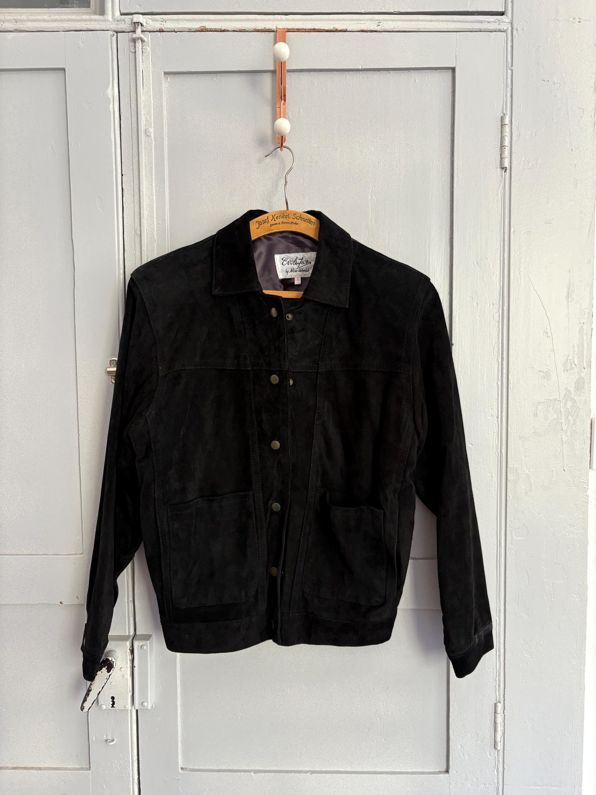 Vintage black suede leather jacket by Evolutions by New World, Pig leather high quality secondhand woman coat, Luxury size S