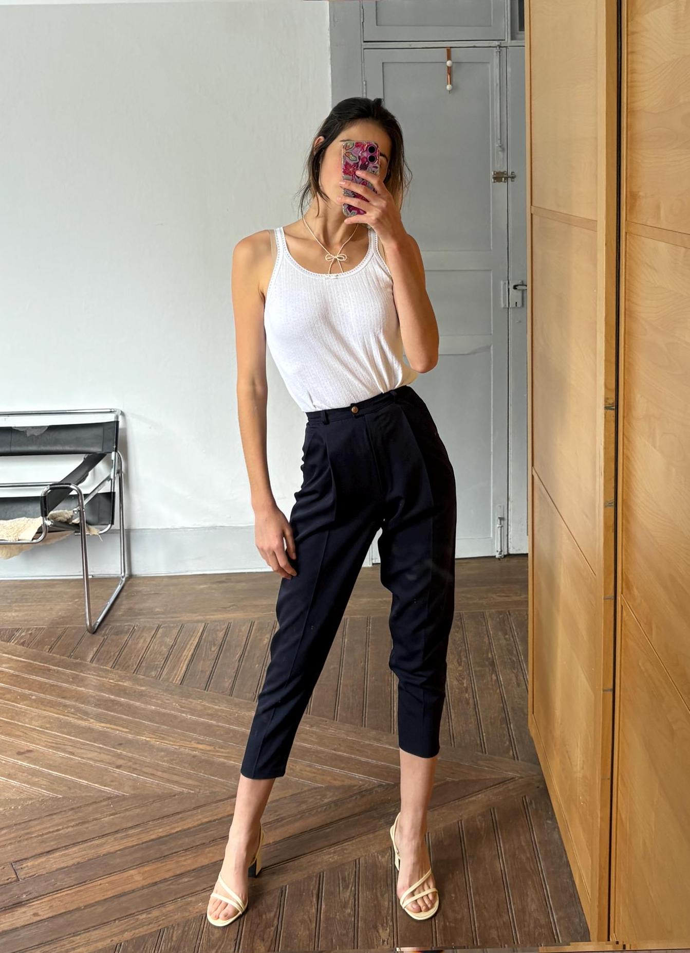 vintage navy wool trousers 100% virgin wool tapered pants high waist tailored fit EU 34 US 2