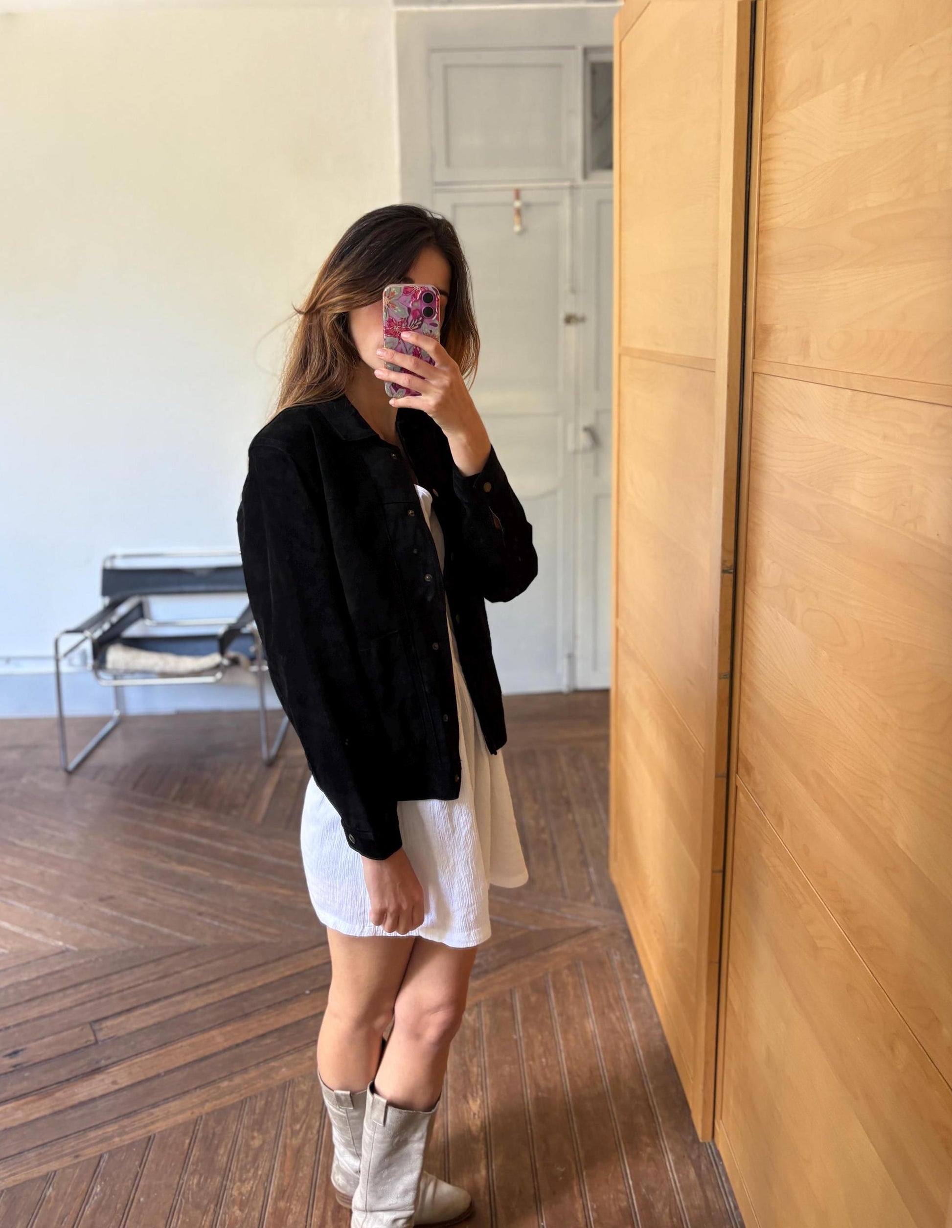 Vintage black suede leather jacket by Evolutions by New World, Pig leather high quality secondhand woman coat, Luxury size S