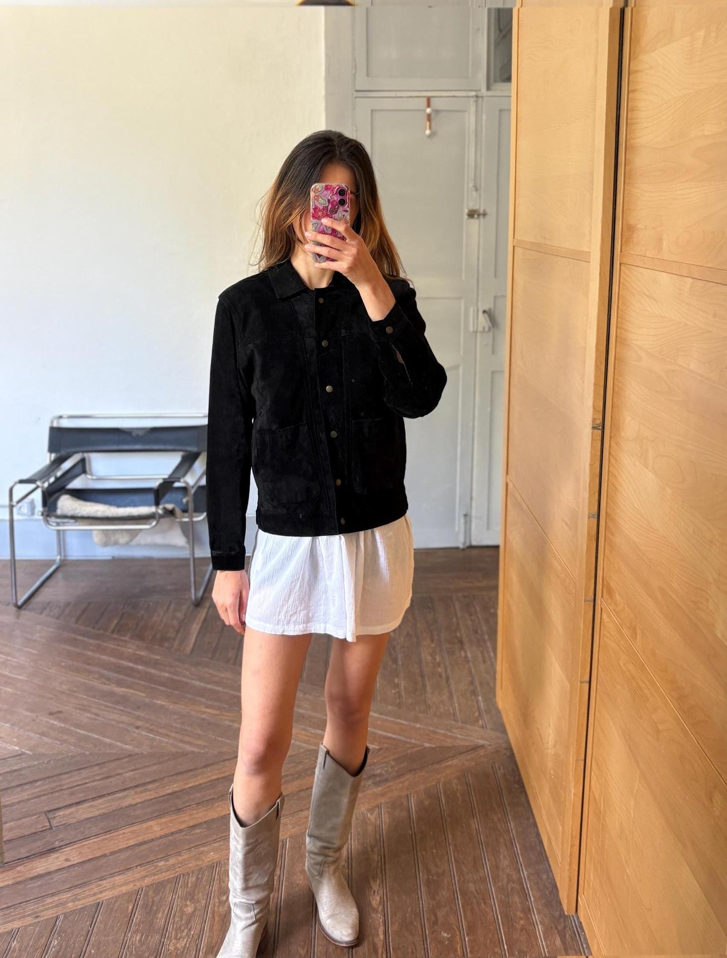 Vintage black suede leather jacket by Evolutions by New World, Pig leather high quality secondhand woman coat, Luxury size S