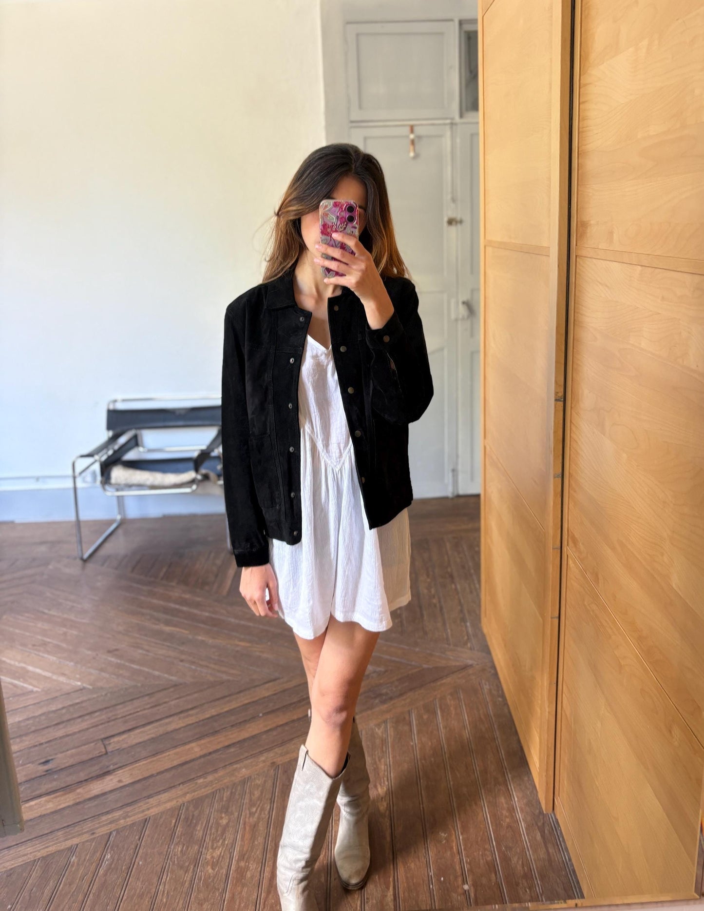 Vintage black suede leather jacket by Evolutions by New World, Pig leather high quality secondhand woman coat, Luxury size S