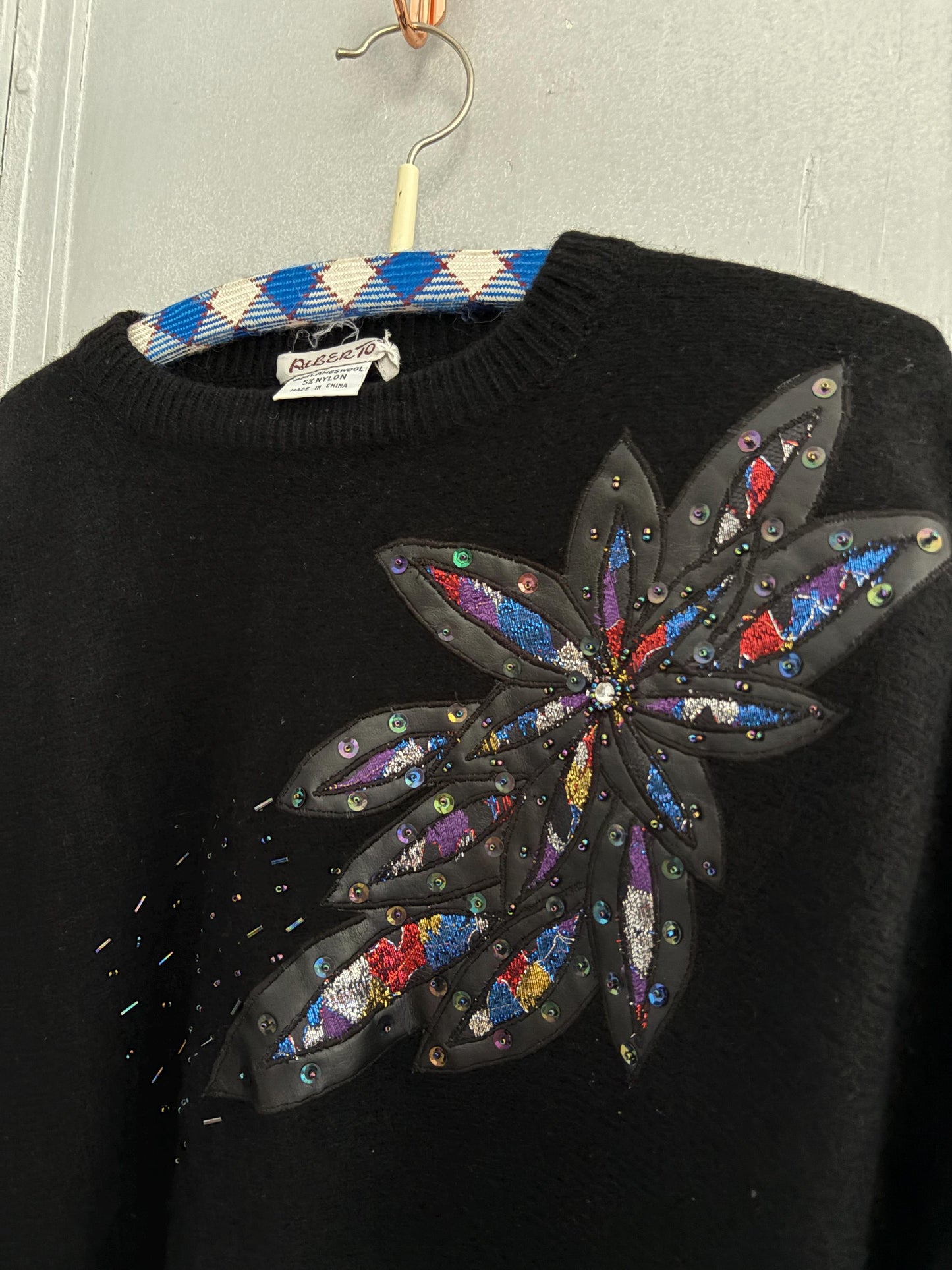 Vintage lambswool jumper with padded shoulders, Black 80s sequin floral detail jumper, size XS - S