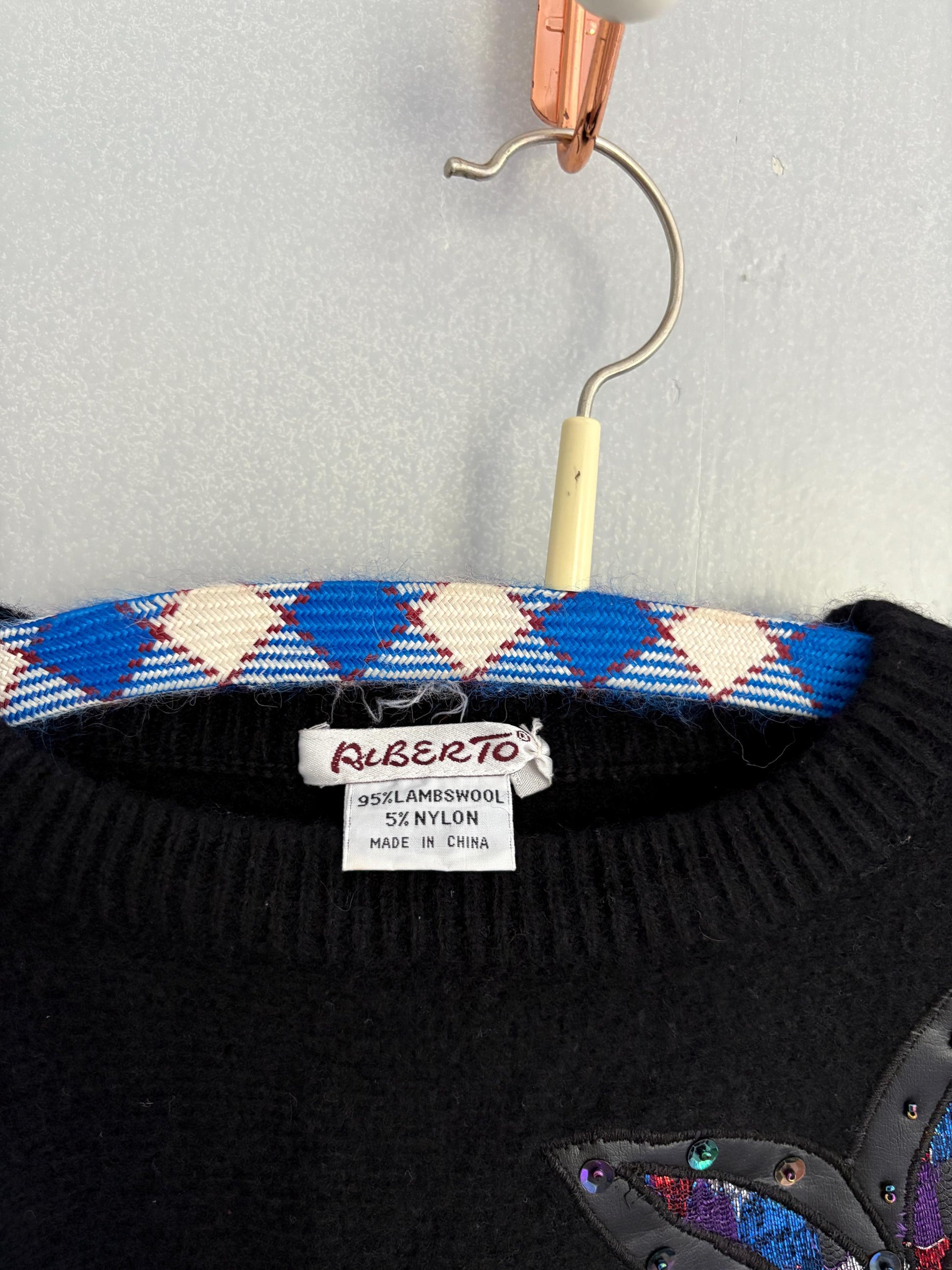 Vintage lambswool jumper with padded shoulders, Black 80s sequin floral detail jumper, size XS - S