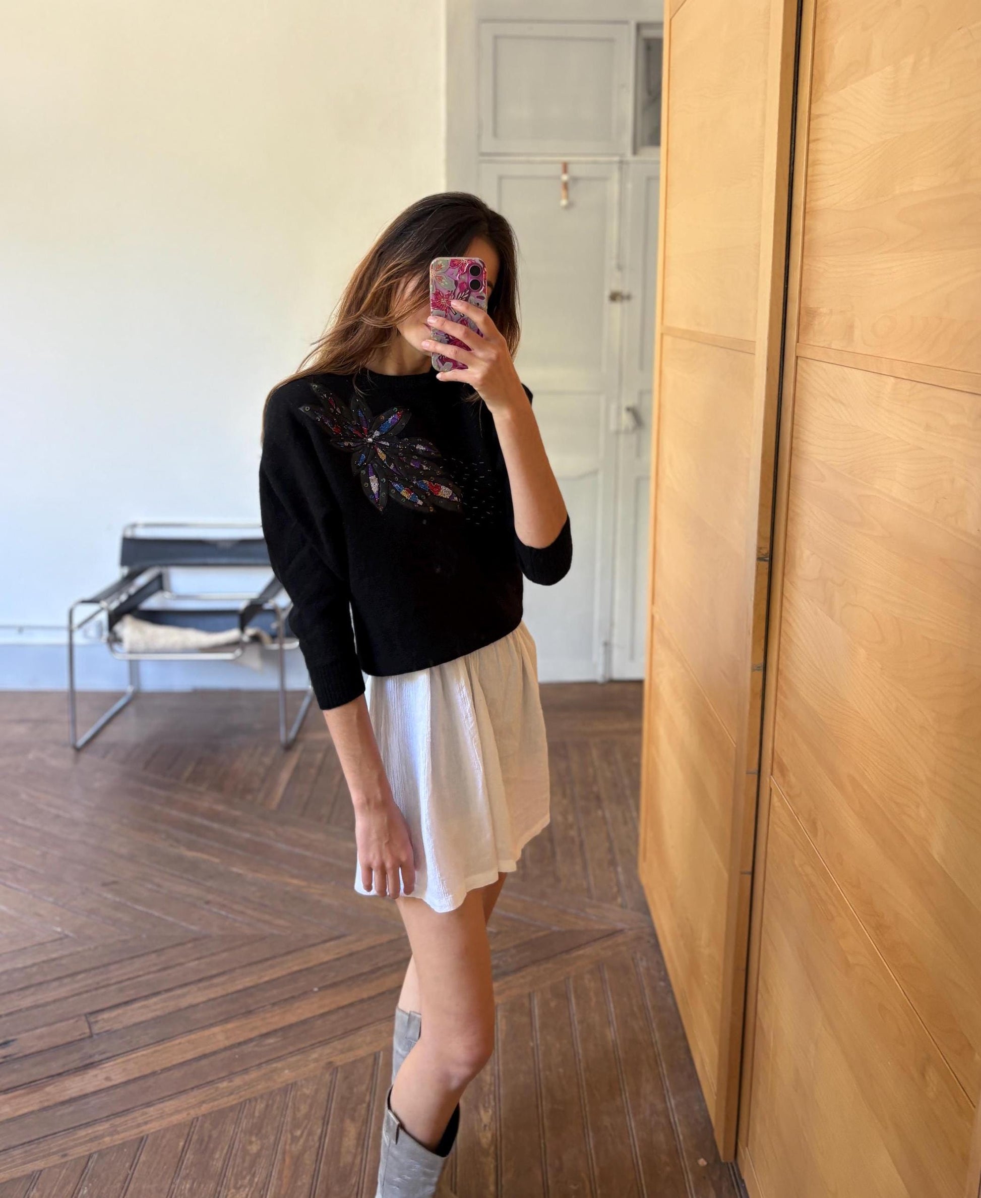 Vintage lambswool jumper with padded shoulders, Black 80s sequin floral detail jumper, size XS - S