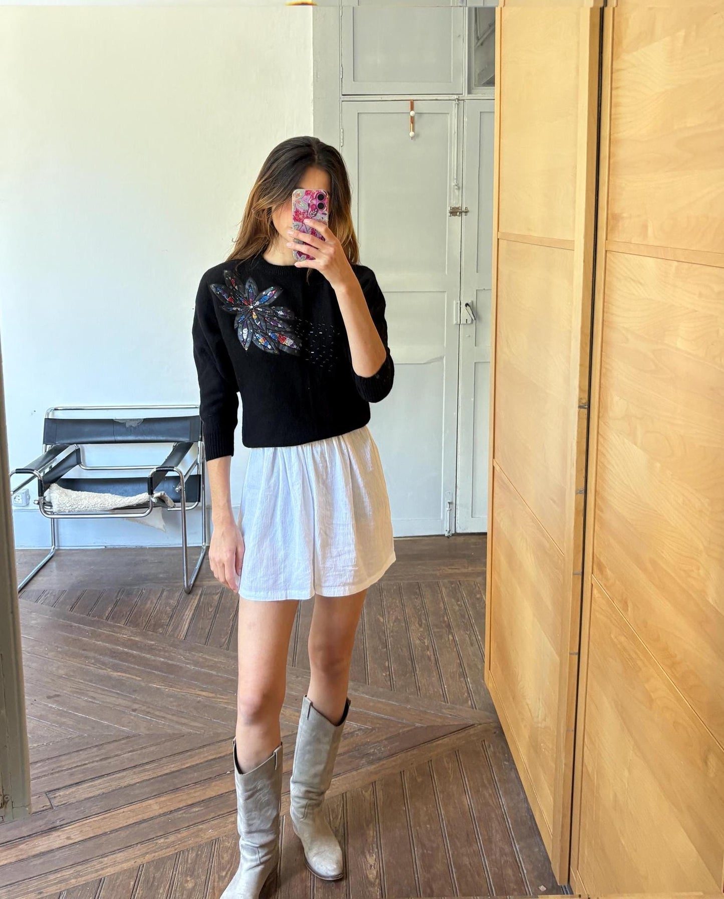 Vintage lambswool jumper with padded shoulders, Black 80s sequin floral detail jumper, size XS - S