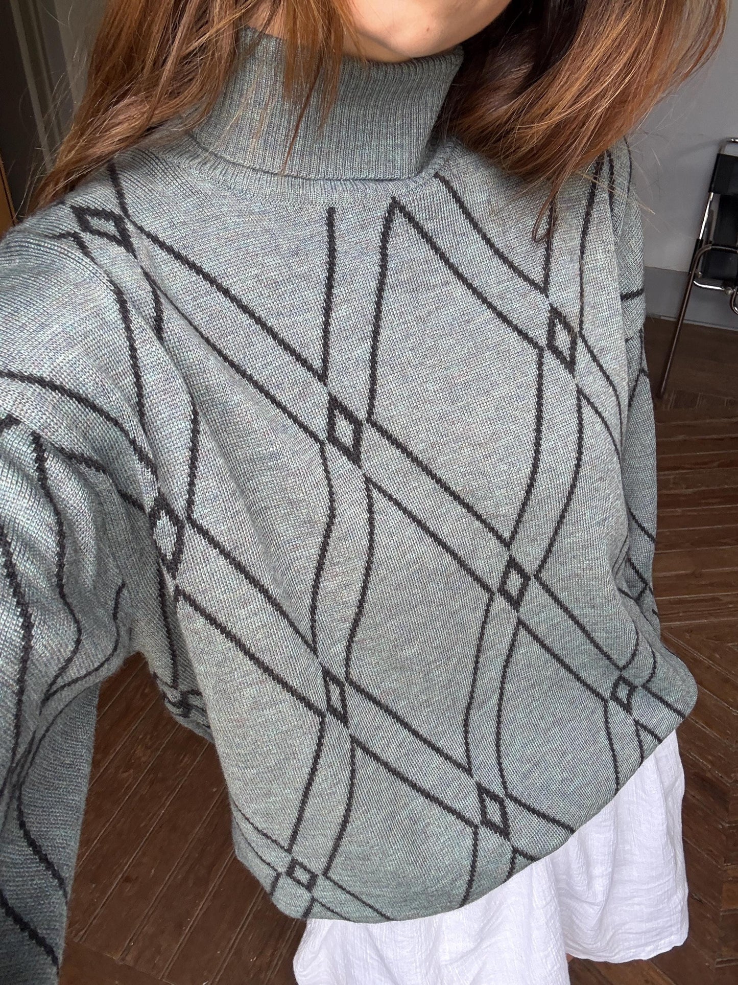 MERINO wool & ANGORA turtleneck sweater, Vintage jumper made in italy, Unisex oversized knit jersey, 80s diamond pattern shirt