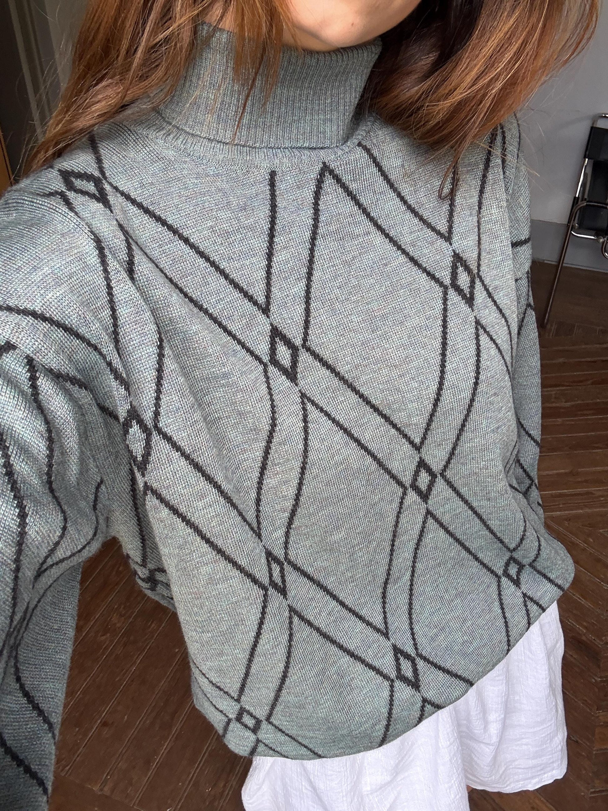 MERINO wool & ANGORA turtleneck sweater, Vintage jumper made in italy, Unisex oversized knit jersey, 80s diamond pattern shirt