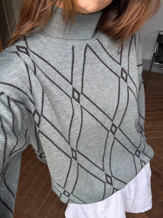 MERINO wool & ANGORA turtleneck sweater, Vintage jumper made in italy, Unisex oversized knit jersey, 80s diamond pattern shirt