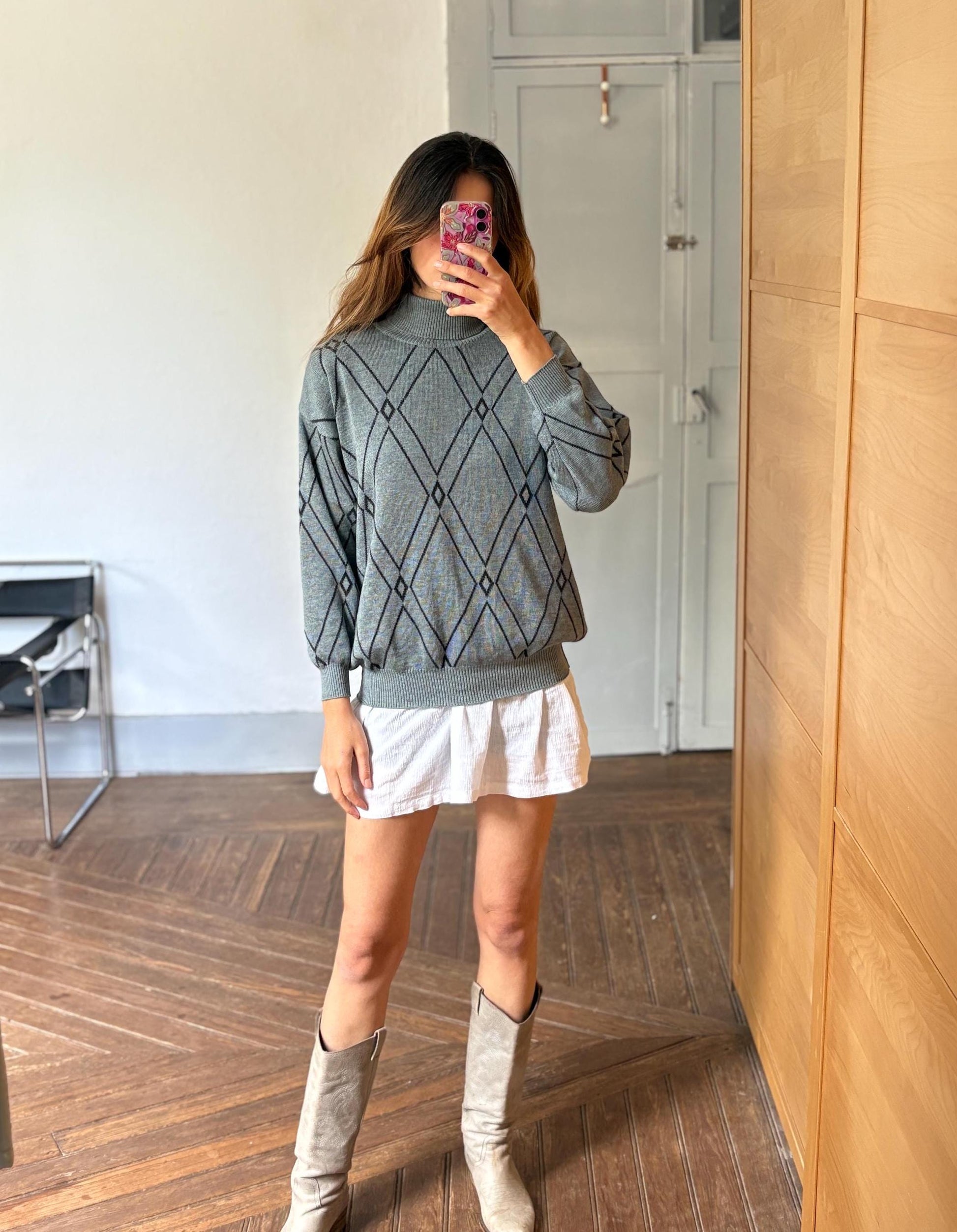 MERINO wool & ANGORA turtleneck sweater, Vintage jumper made in italy, Unisex oversized knit jersey, 80s diamond pattern shirt