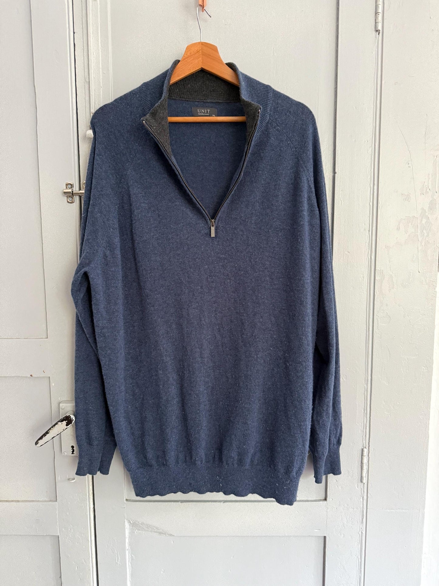 Vintage lambswool half-zip jumper, 100% lambswool soft knit mock neck pullover in blue, men’s sweater size 3XL - EU 62 - US XXL