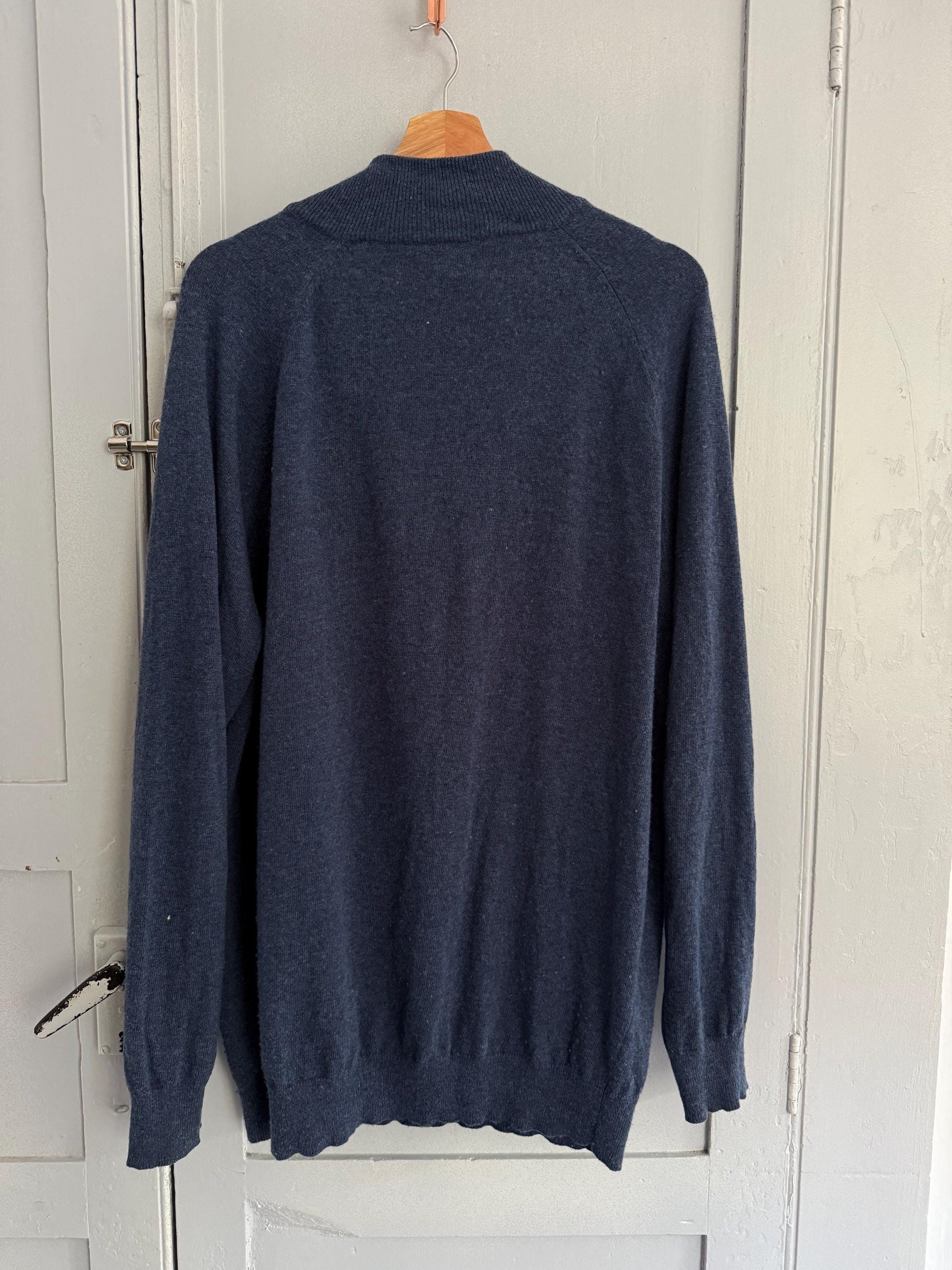 Vintage lambswool half-zip jumper, 100% lambswool soft knit mock neck pullover in blue, men’s sweater size 3XL - EU 62 - US XXL
