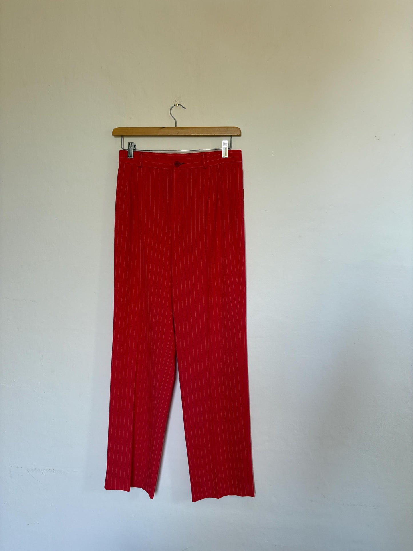Vintage red and white pinstripe woman pants, Tom & Liber Estilo Propio Alicia high waist trousers, Luxury straight leg vibrant red pants