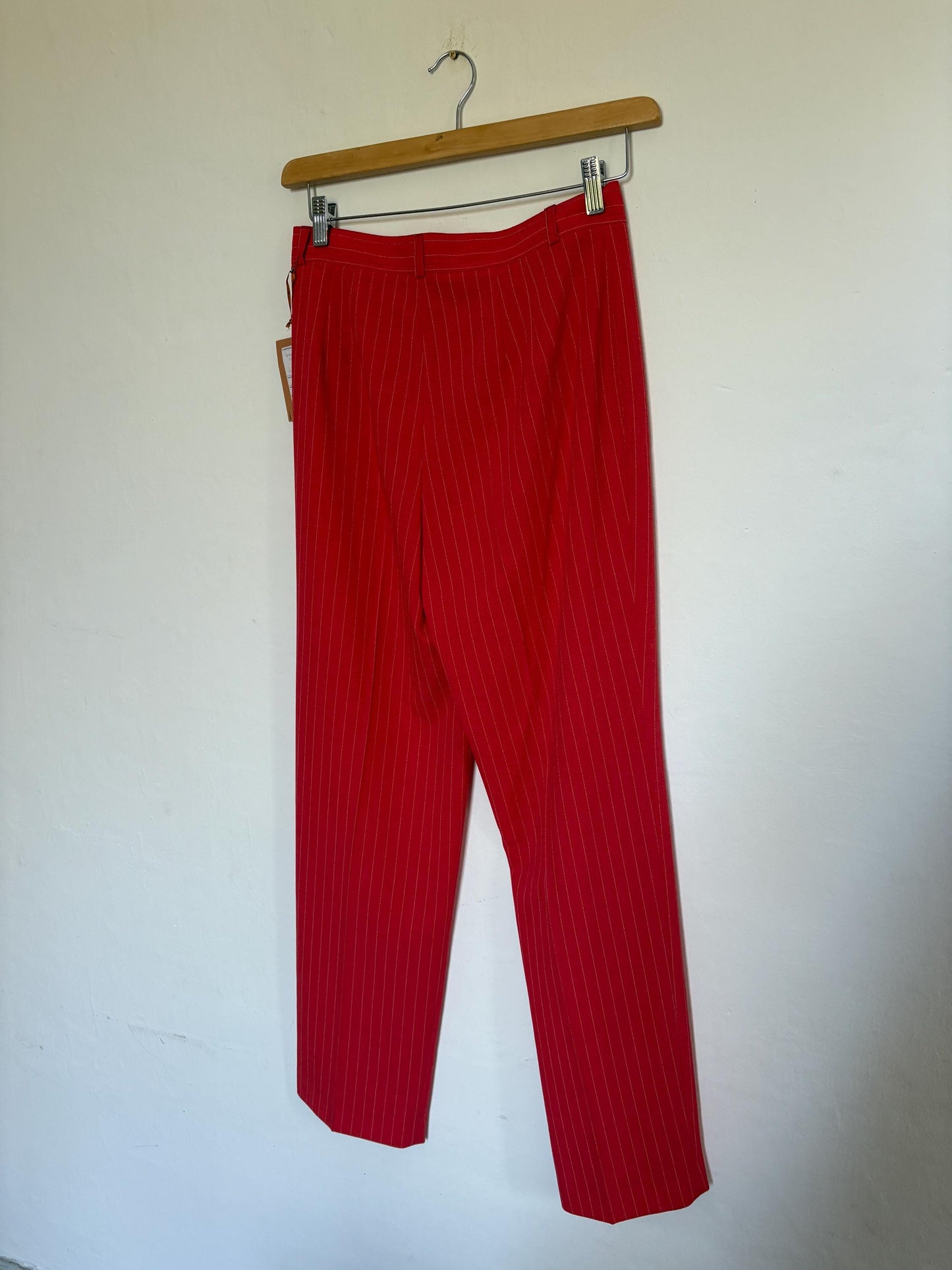 Vintage red and white pinstripe woman pants, Tom & Liber Estilo Propio Alicia high waist trousers, Luxury straight leg vibrant red pants