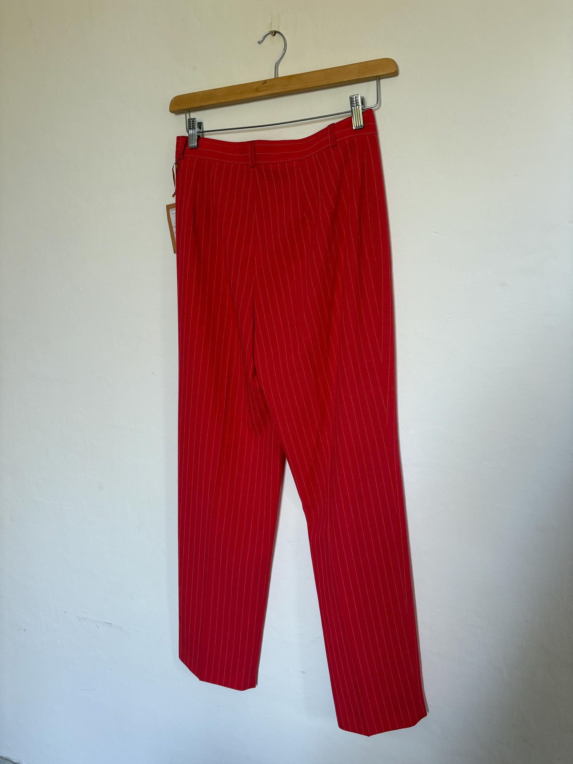 Vintage red and white pinstripe woman pants, Tom & Liber Estilo Propio Alicia high waist trousers, Luxury straight leg vibrant red pants