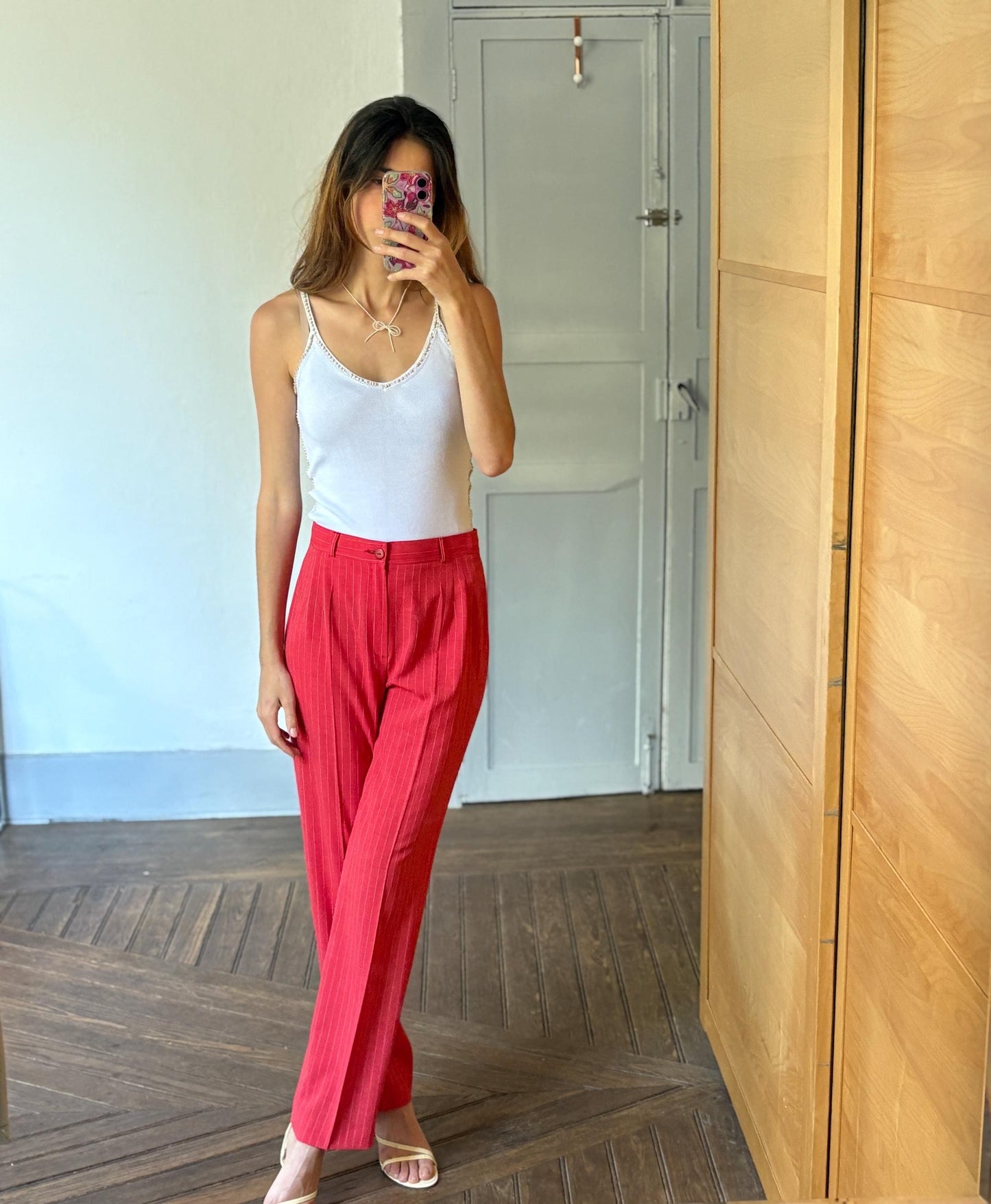 Vintage red and white pinstripe woman pants, Tom & Liber Estilo Propio Alicia high waist trousers, Luxury straight leg vibrant red pants