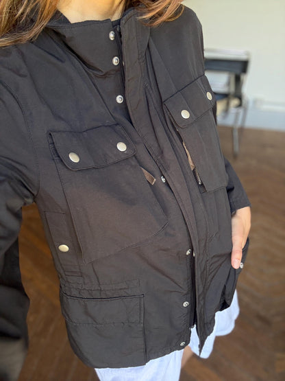 Black Utility Jacket, Minimalist Streetwear — fabric close-up