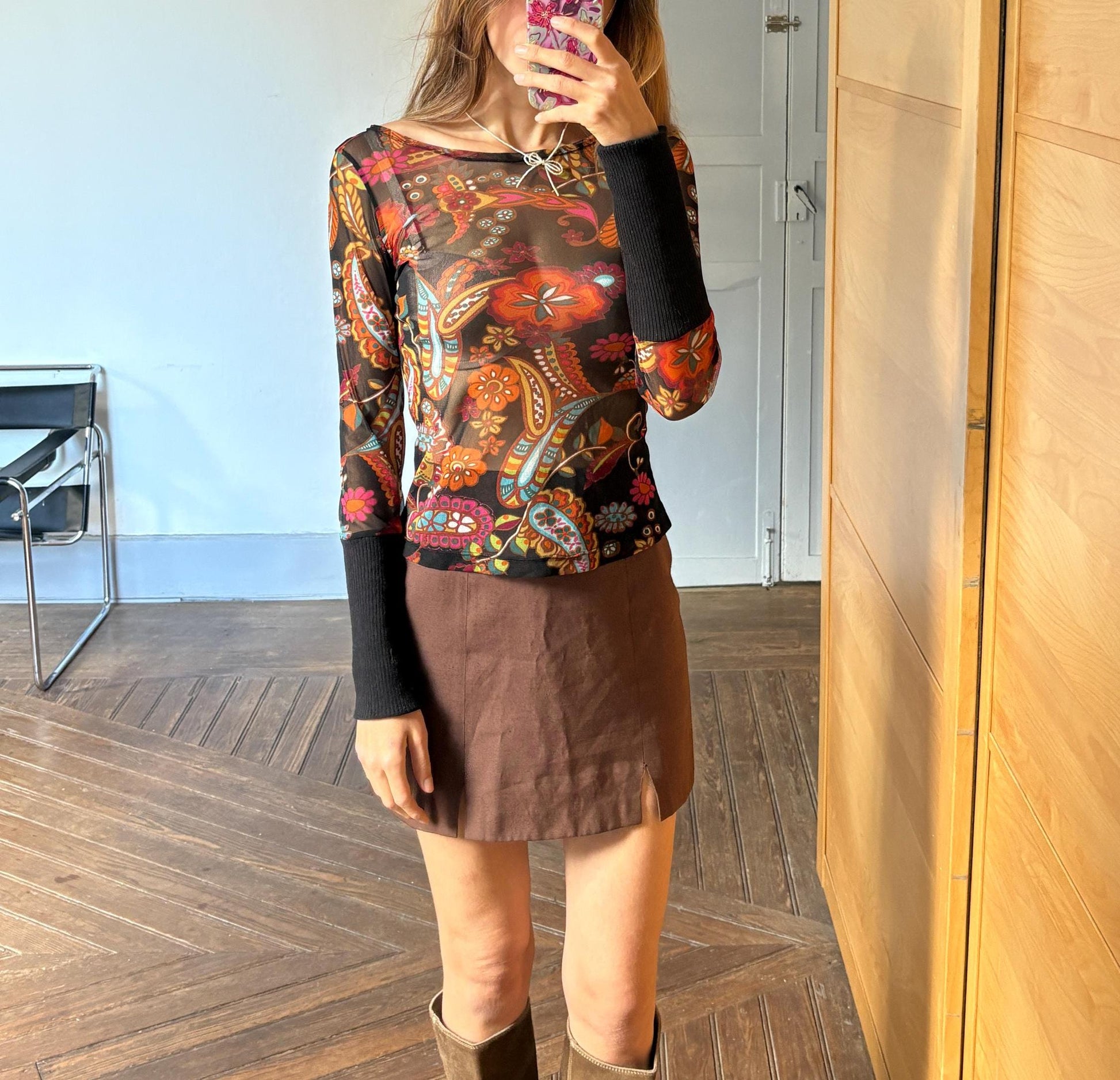 Vintage SHEER long sleeve top, Sexy autumn floral mesh shirt, See through Say t shirt, Size S