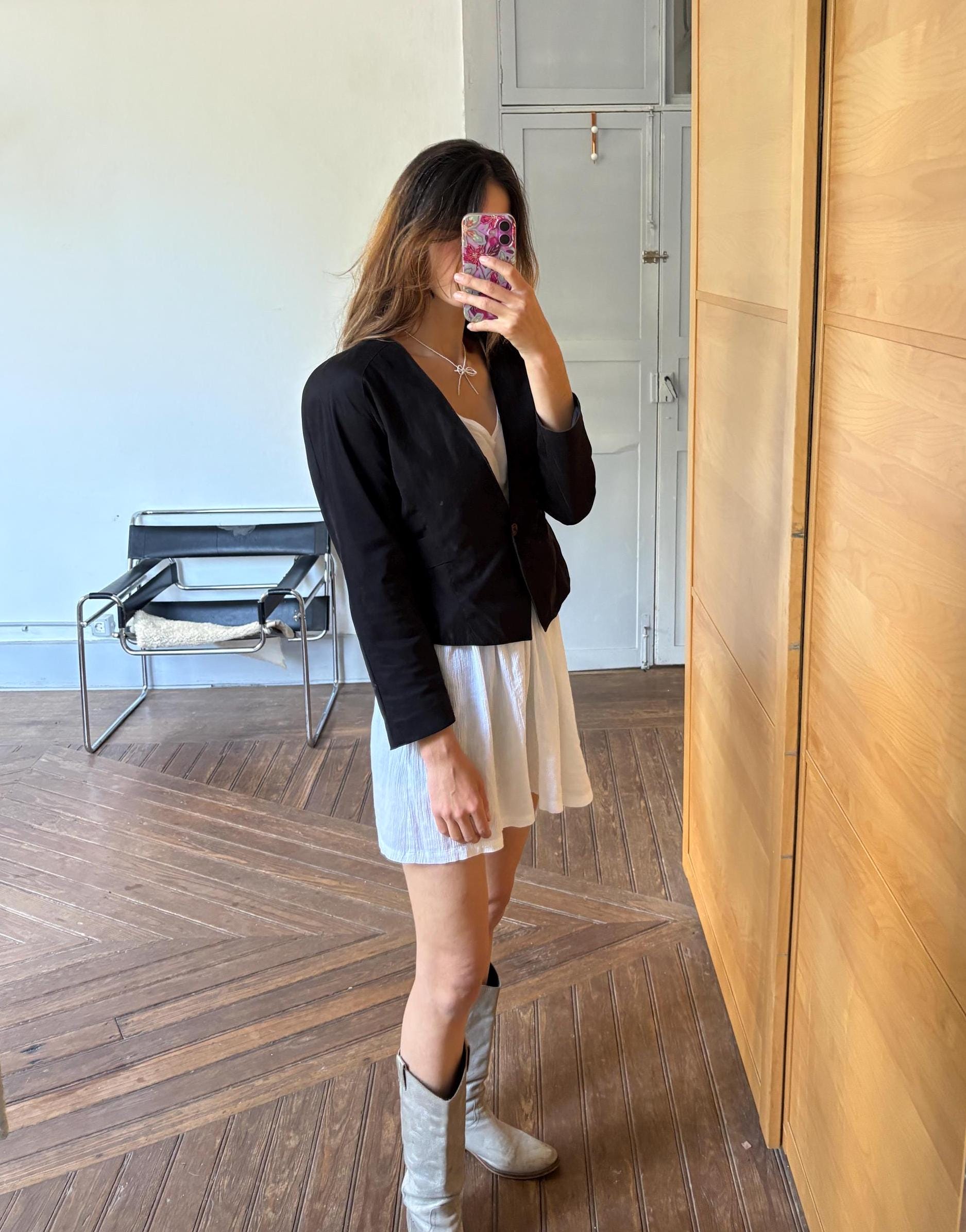 Vintage black woman blazer, Mezzanino tailored cropped jacket, minimalist chic vest, size S