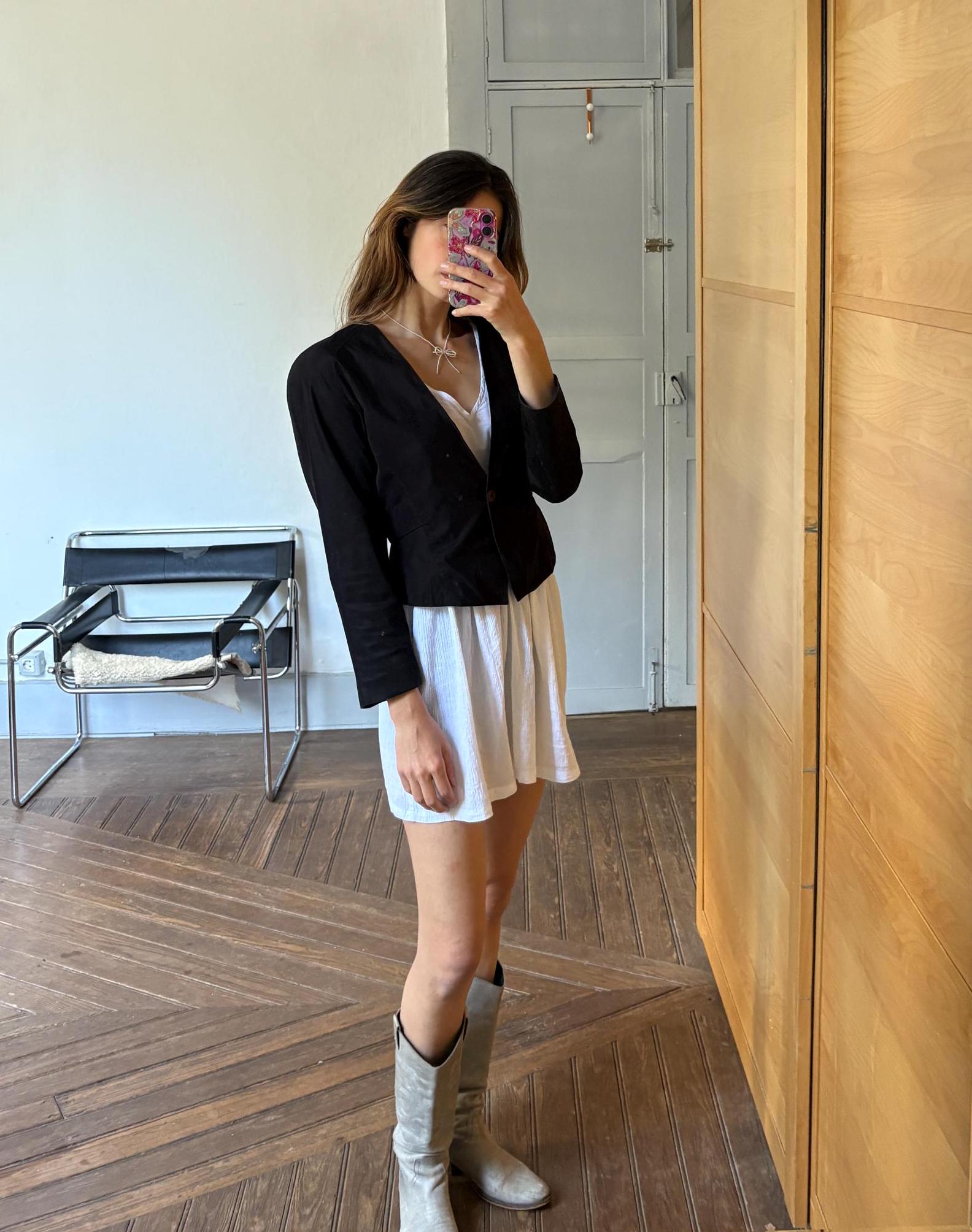 Vintage black woman blazer, Mezzanino tailored cropped jacket, minimalist chic vest, size S