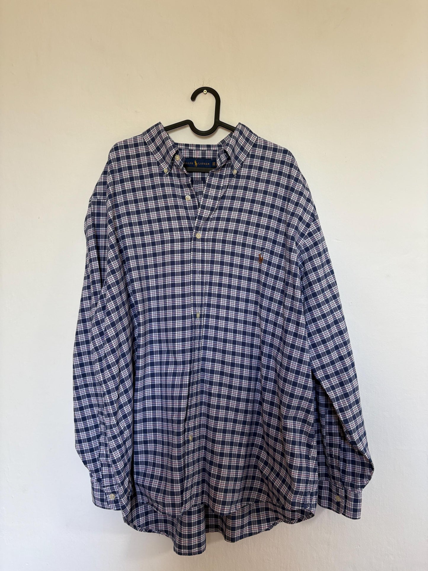 Vintage Ralph Lauren Button Up Blouse in Blue Plaid pattern, Oversized boyfriend Oxford shirt,