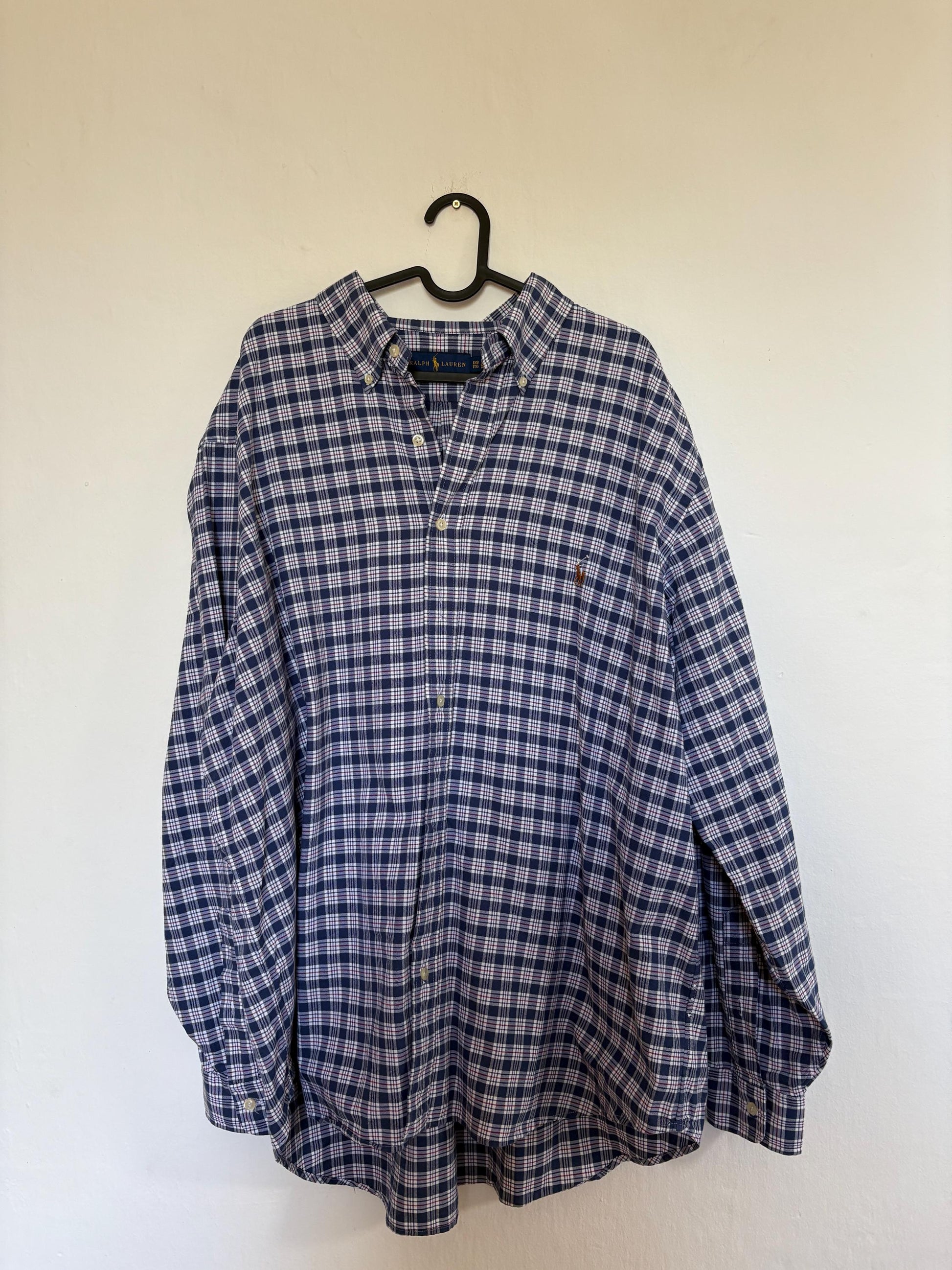 Vintage Ralph Lauren Button Up Blouse in Blue Plaid pattern, Oversized boyfriend Oxford shirt,
