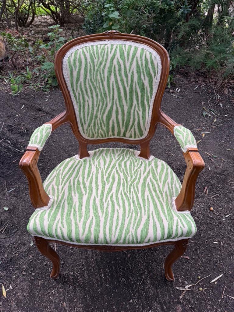 Louis XV Style Vintage Children Chair Green Zebra Baroque Armchair Upholstered 75cm