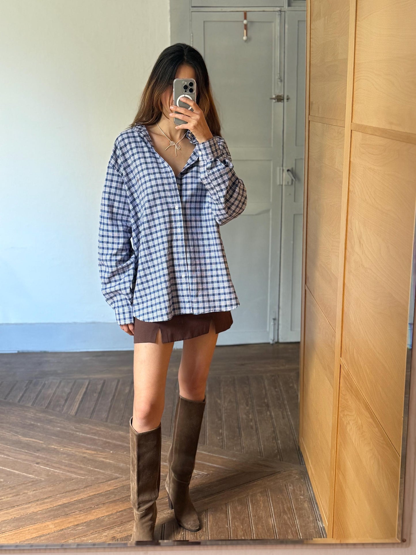 Vintage Ralph Lauren Button Up Blouse in Blue Plaid pattern, Oversized boyfriend Oxford shirt,
