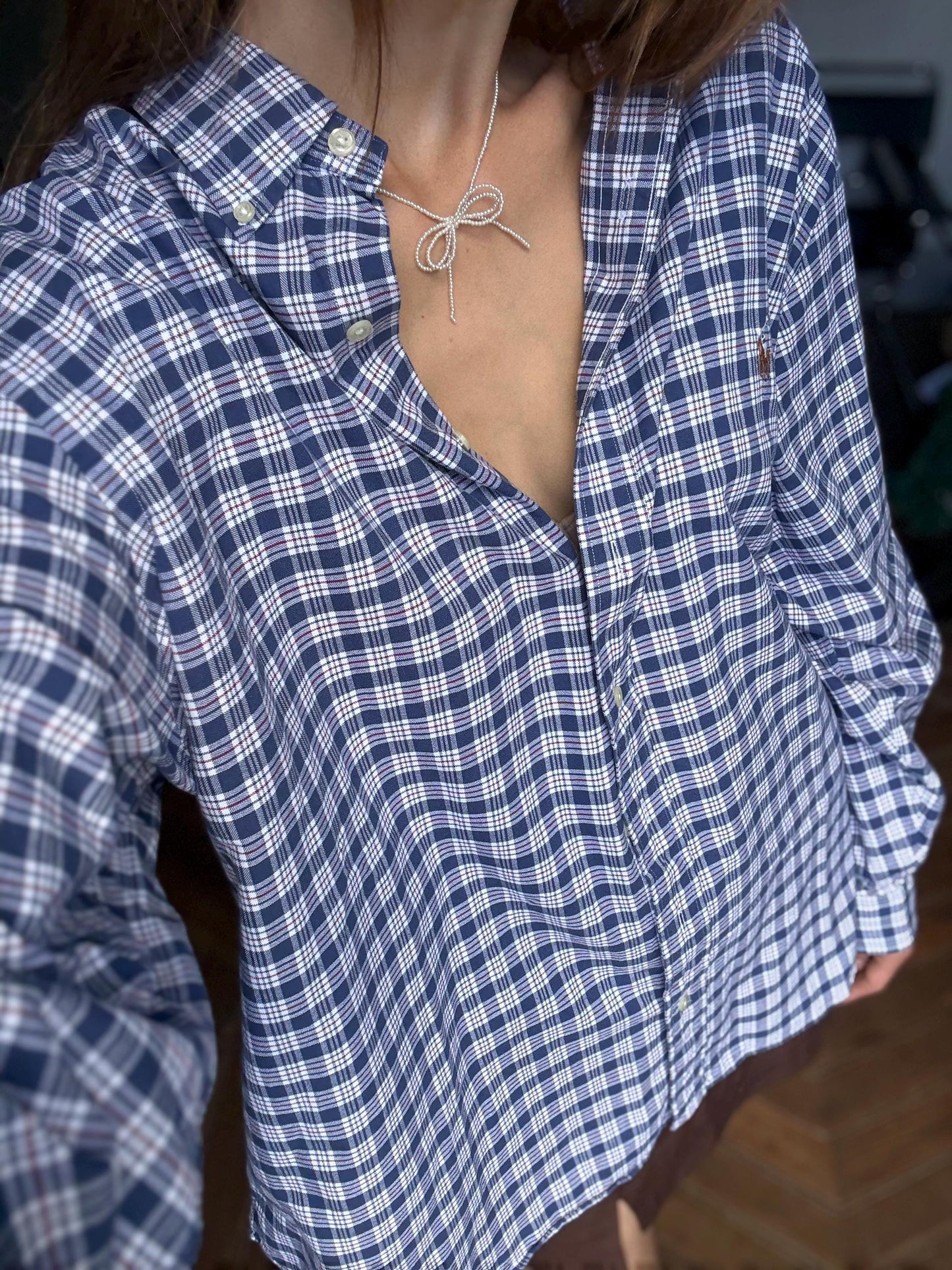 Vintage Ralph Lauren Button Up Blouse in Blue Plaid pattern, Oversized boyfriend Oxford shirt,