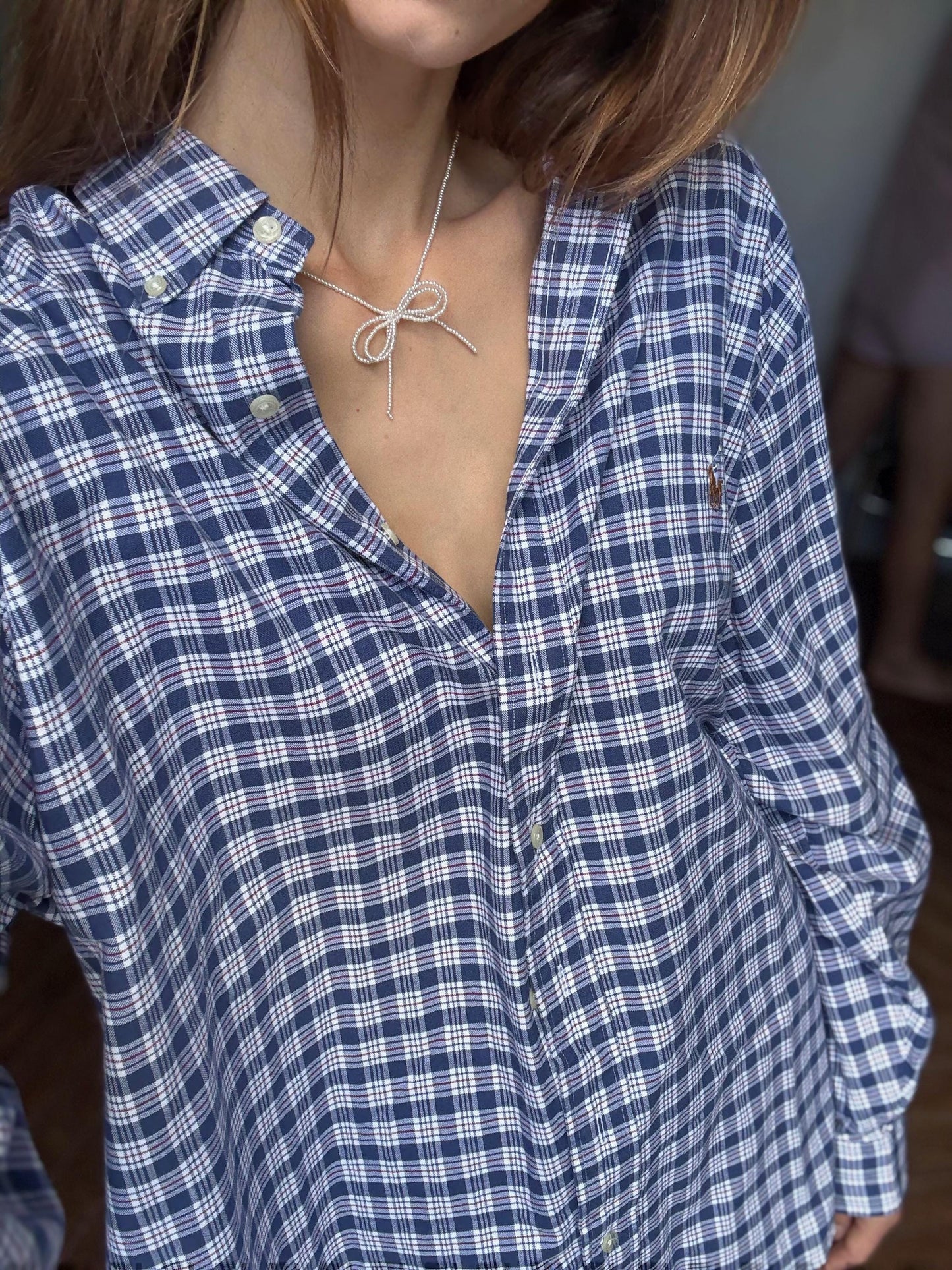 Vintage Ralph Lauren Button Up Blouse in Blue Plaid pattern, Oversized boyfriend Oxford shirt,