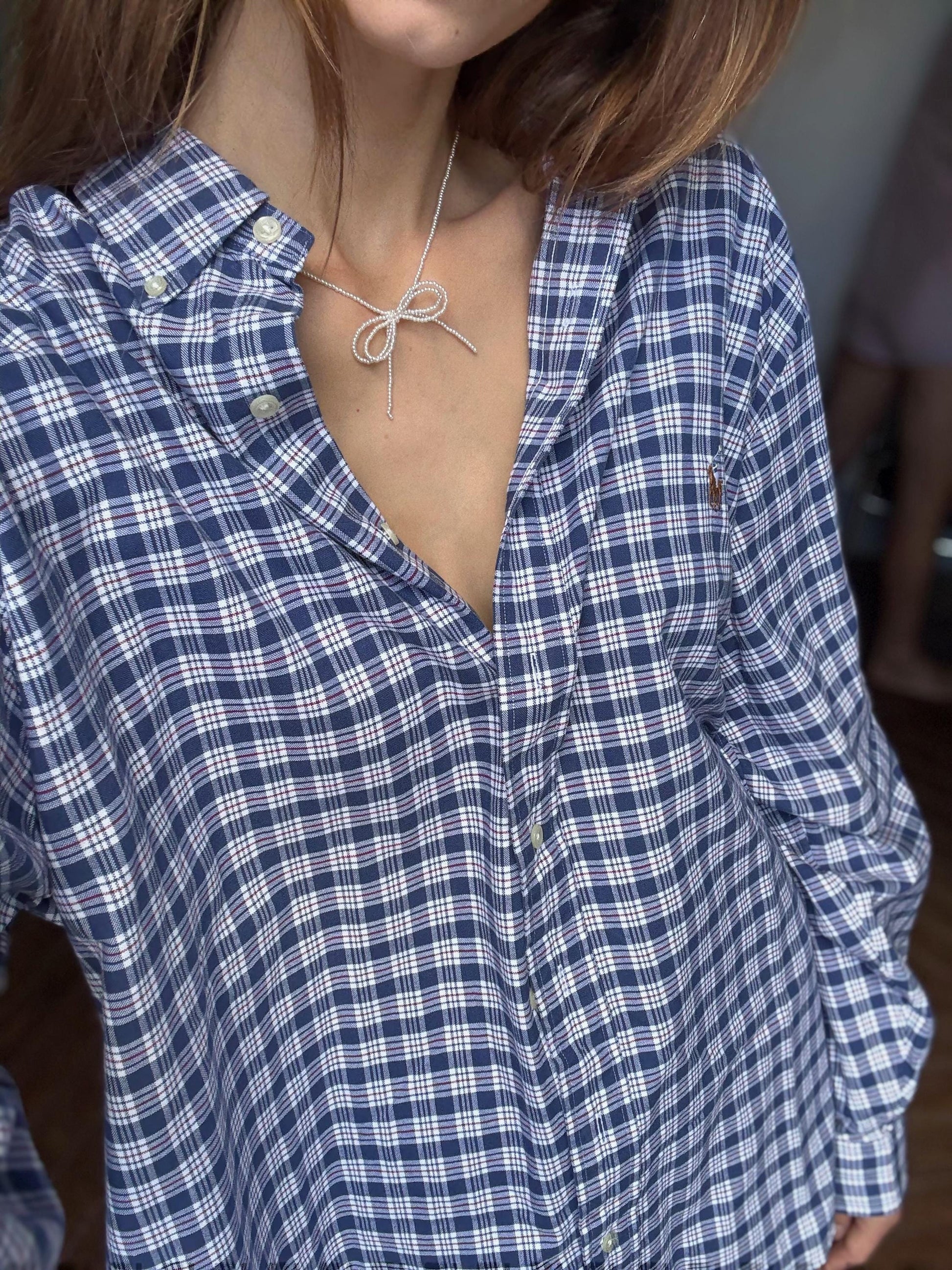 Vintage Ralph Lauren Button Up Blouse in Blue Plaid pattern, Oversized boyfriend Oxford shirt,